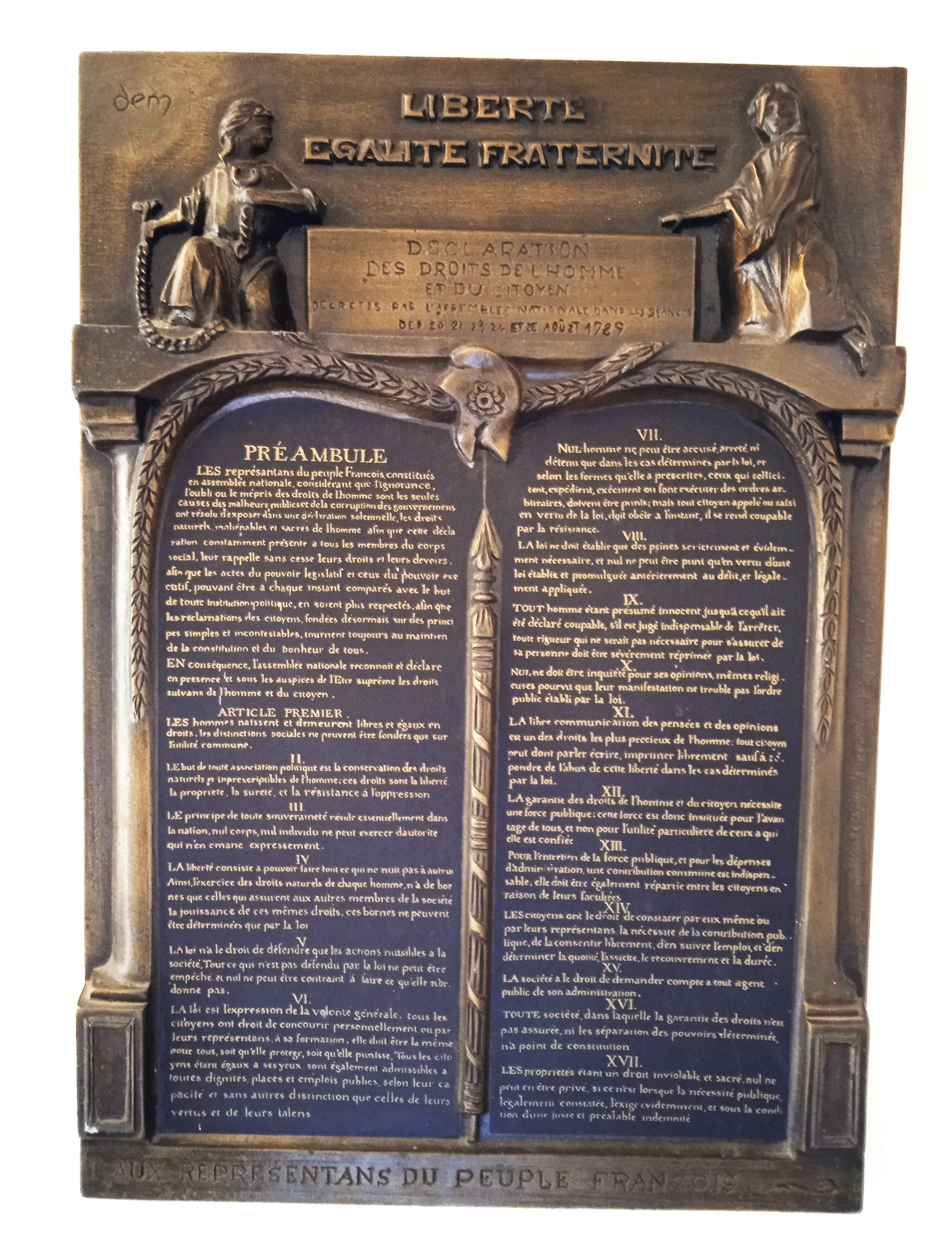 Plaque en fonte patine bronze Déclaration des droits de l' homme