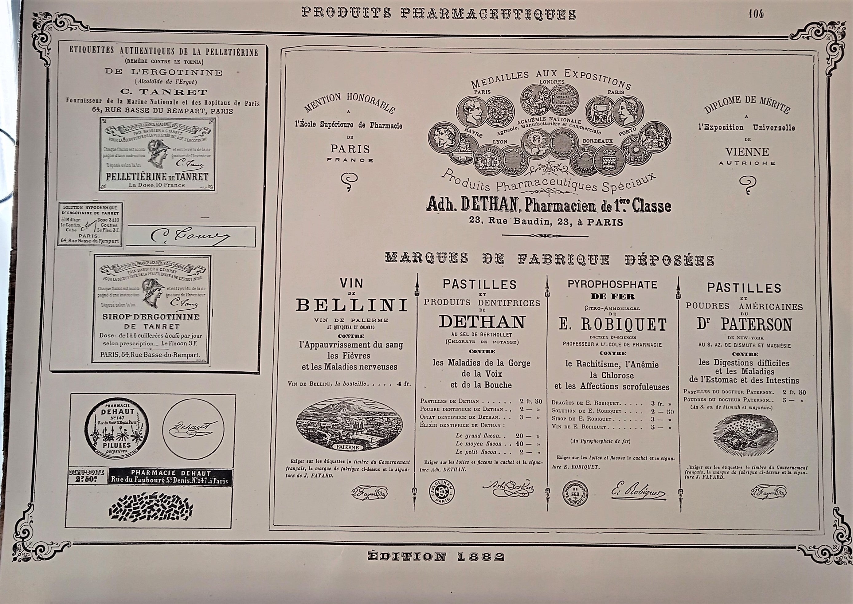 CHROMO-LITHOGRAPHIE étiquettes produits pharmaceutiques  N° 104   Authentique planche  Occasion