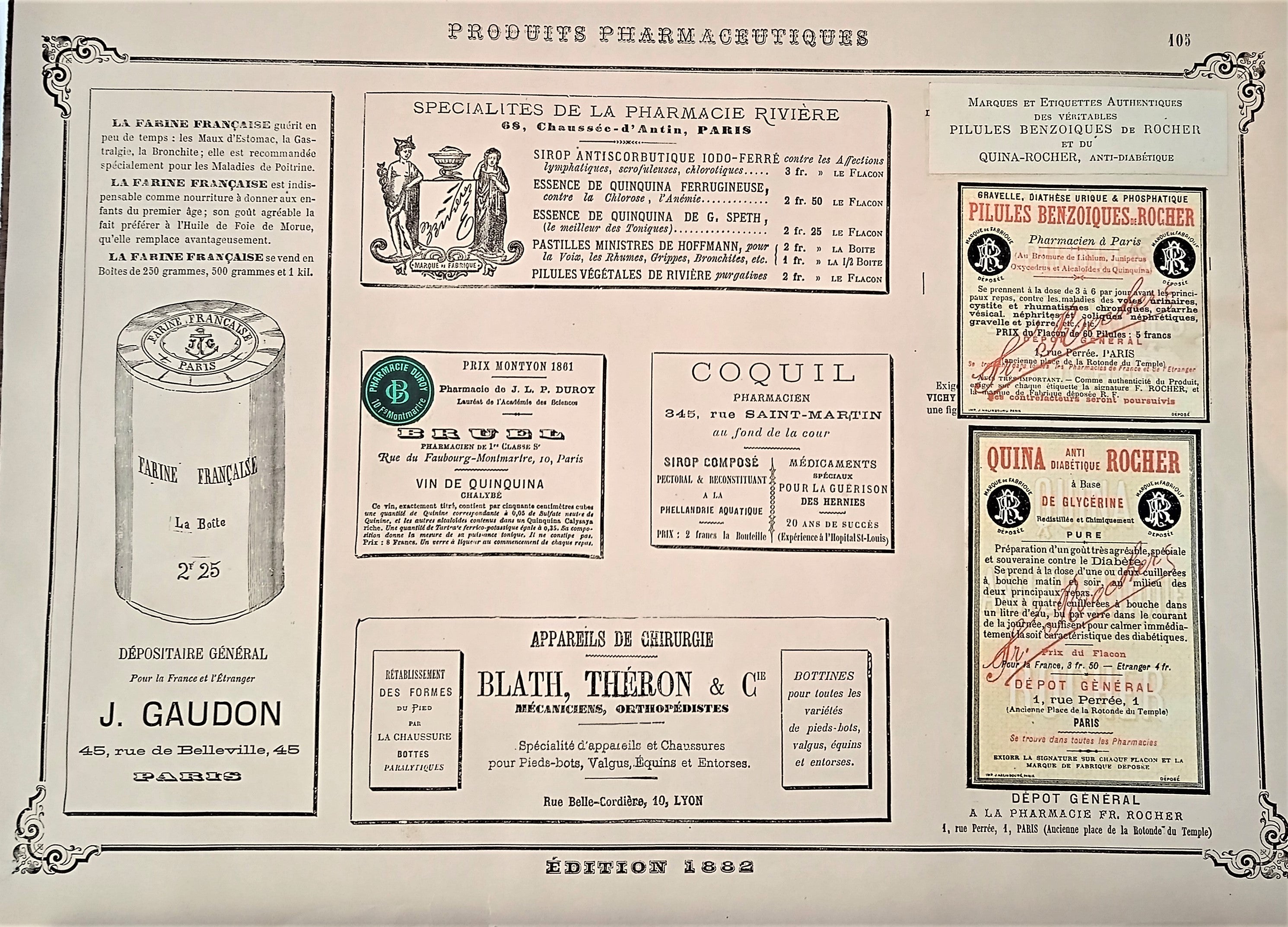 CHROMO-LITHOGRAPHIE étiquettes produits pharmaceutiques  N°  105  Authentique planche  Occasion