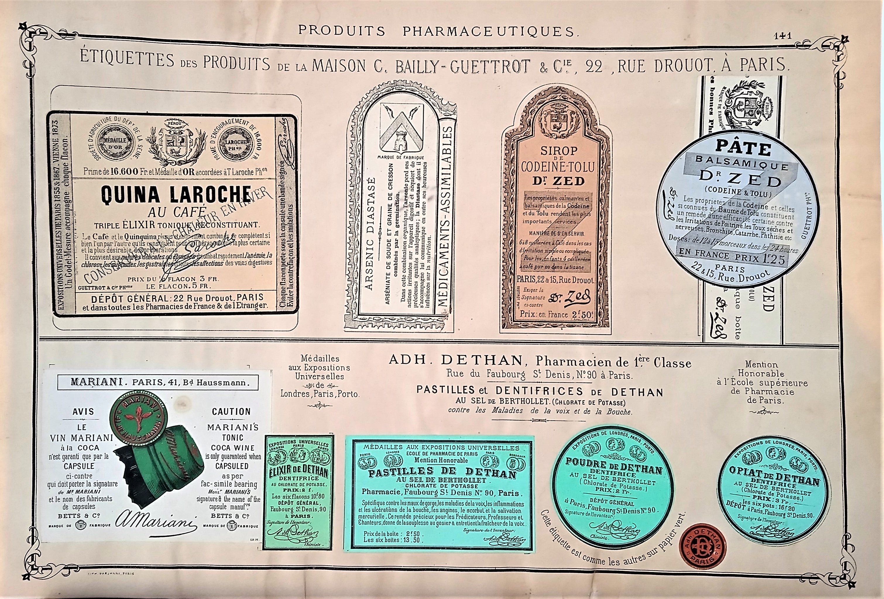 CHROMO-LITHOGRAPHIE étiquettes produits pharmaceutiques  N° 141   Authentique planche  Occasion