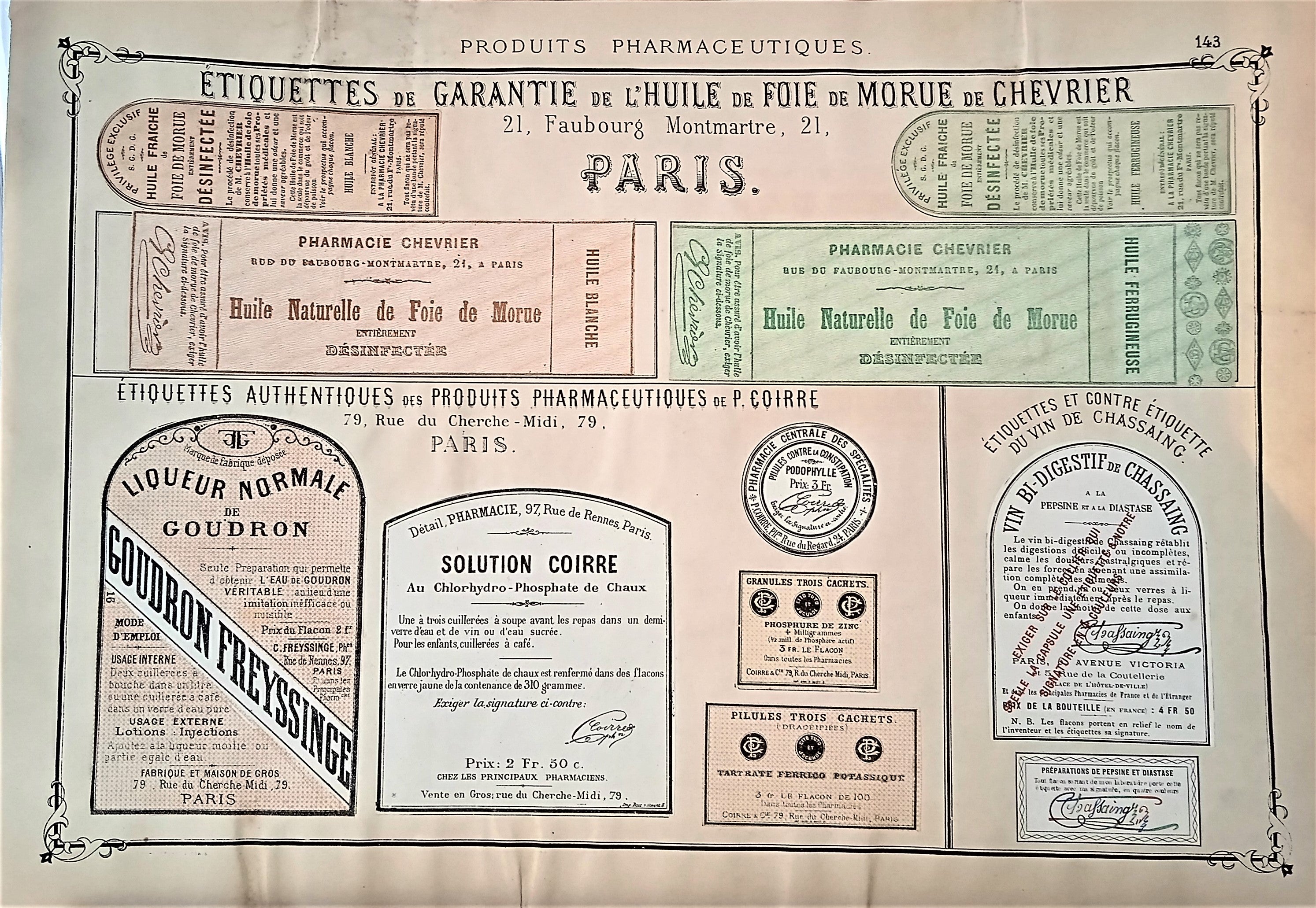 CHROMO-LITHOGRAPHIE étiquettes produits pharmaceutiques  N° 143   Authentique planche  Occasion