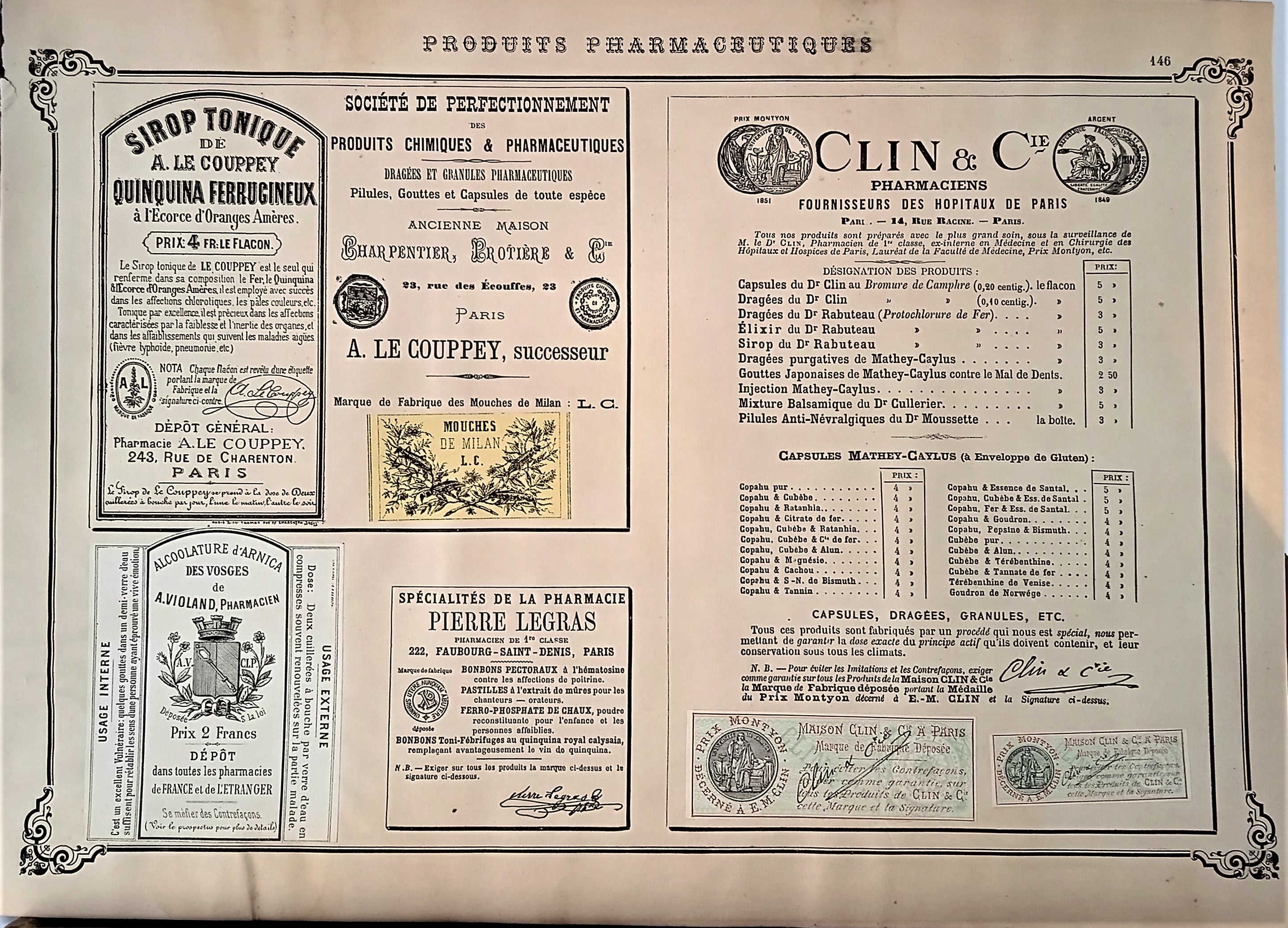 CHROMO-LITHOGRAPHIE étiquettes produits pharmaceutiques  N° 146   Authentique planche  Occasion