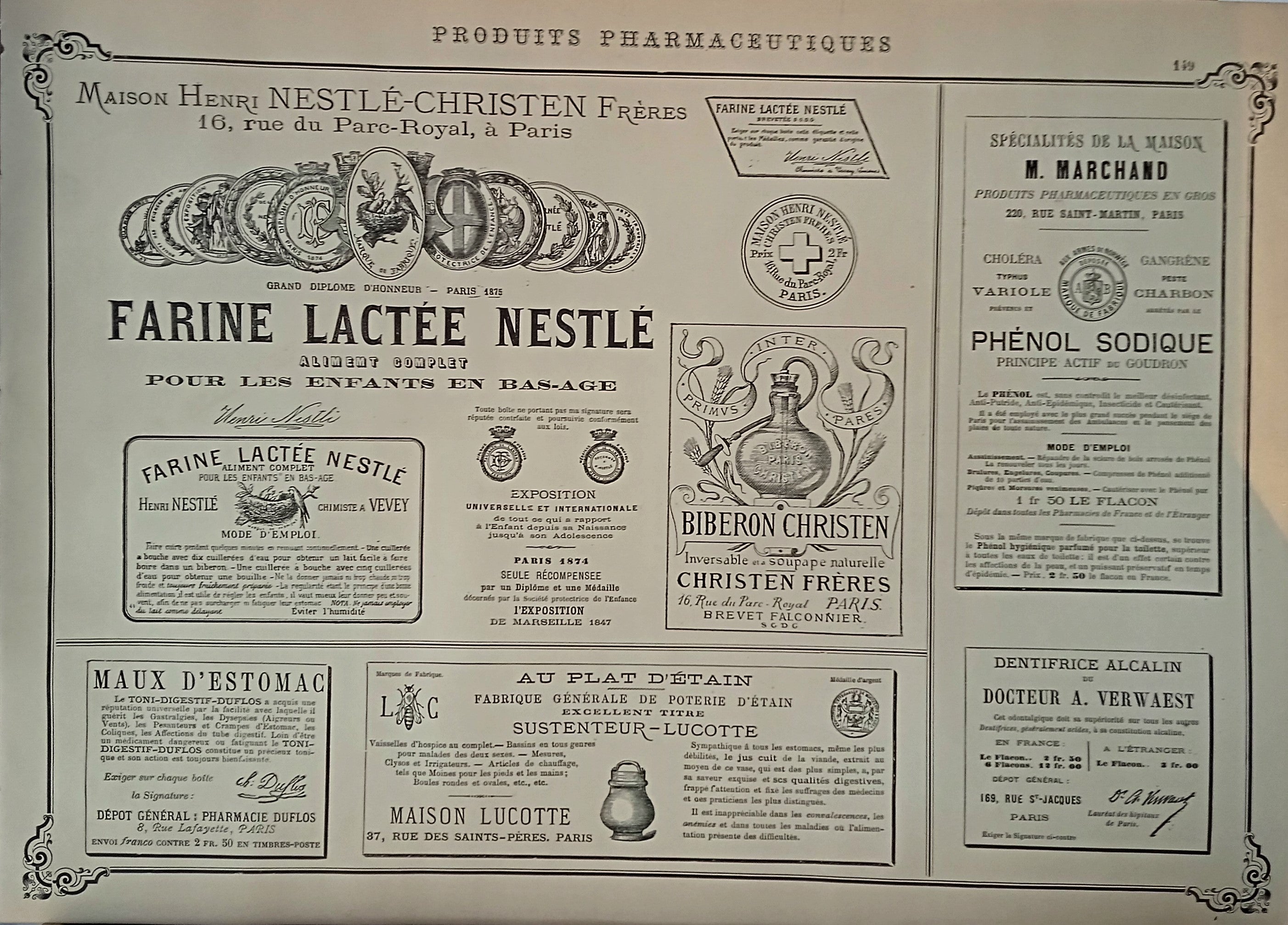 CHROMO-LITHOGRAPHIE étiquettes produits pharmaceutiques  N°  149  Authentique planche  Occasion