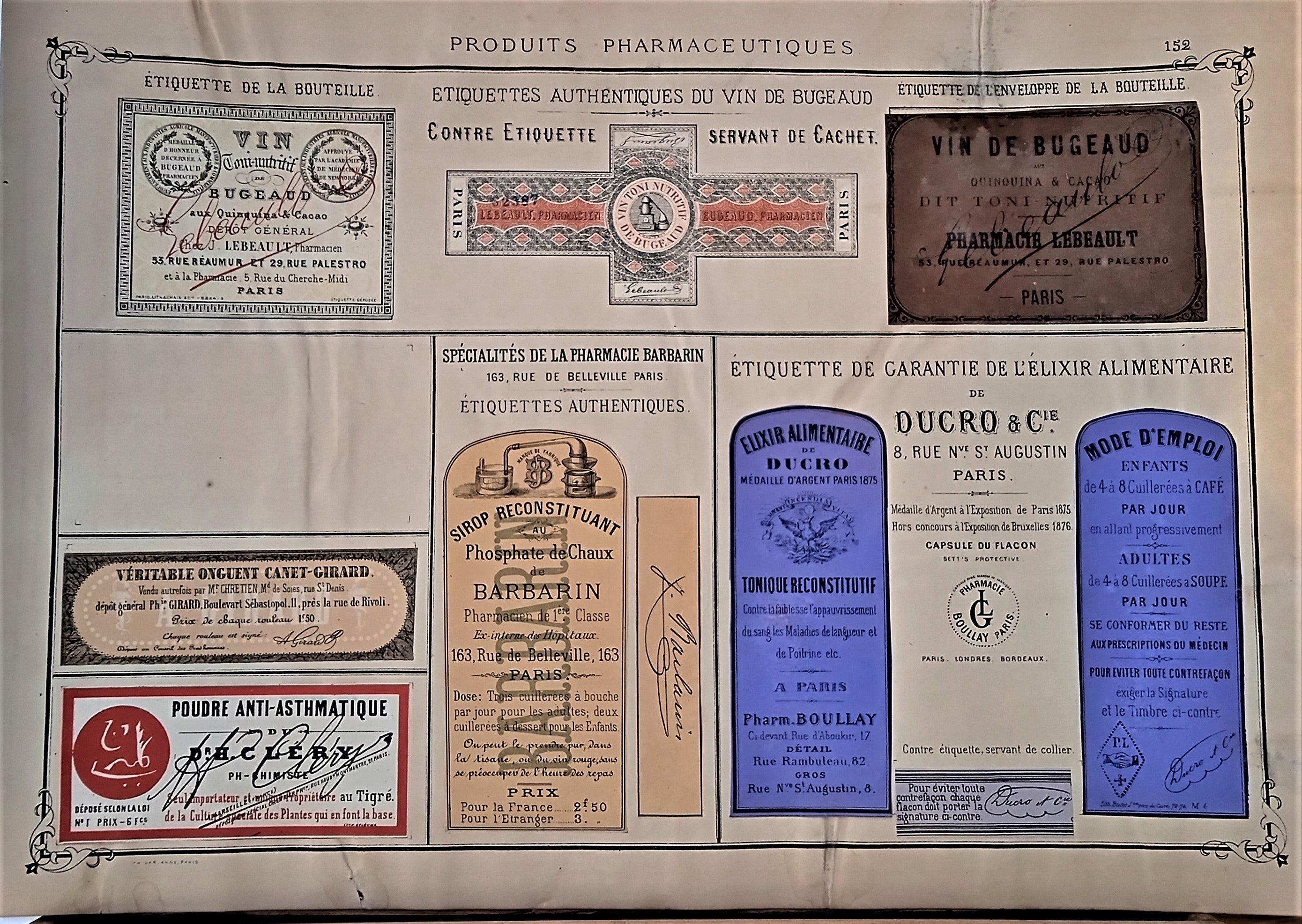 CHROMO-LITHOGRAPHIE étiquettes produits pharmaceutiques  N° 152   Authentique planche  Occasion