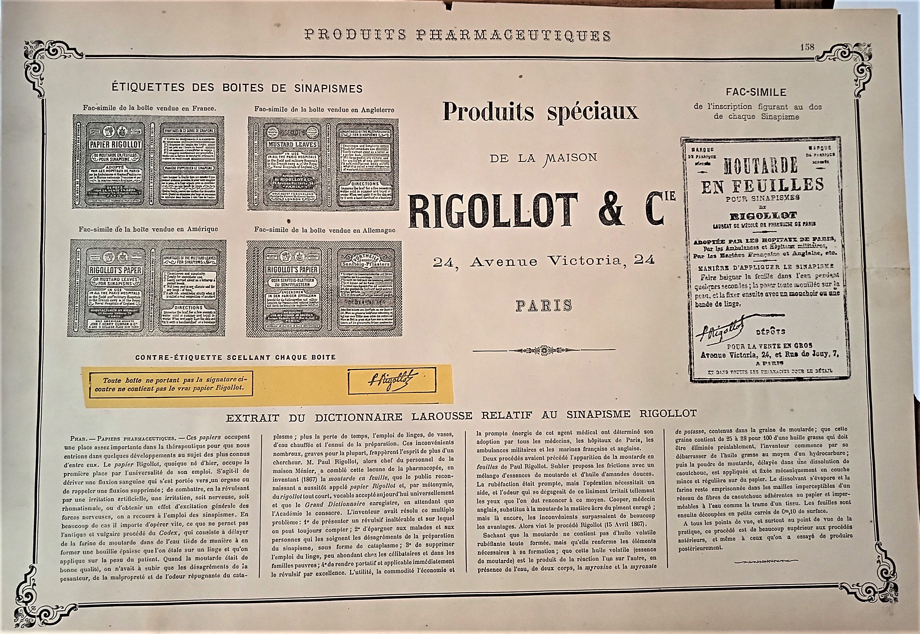 CHROMO-LITHOGRAPHIE étiquettes produits pharmaceutiques  N°  158  Authentique planche  Occasion