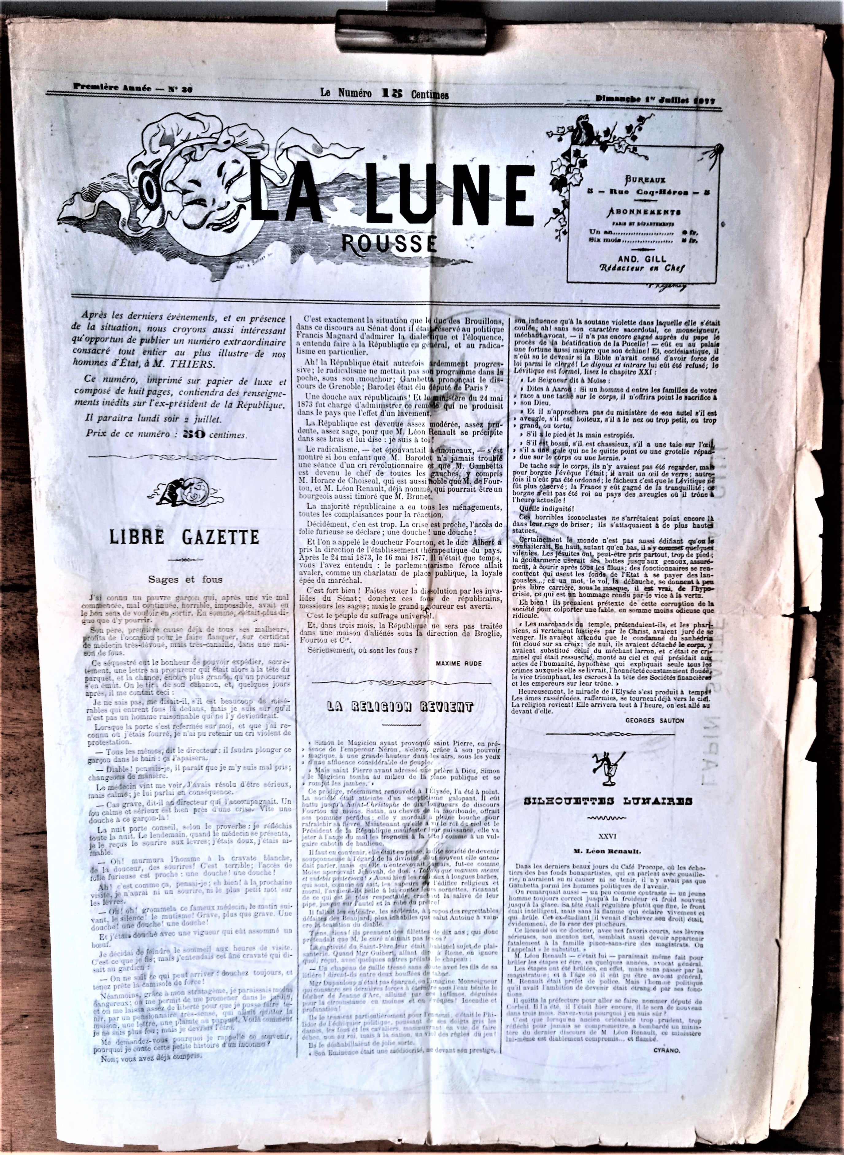 N°J N 30    Authentique journal  La Lune Rousse du 1er Juillet 1877  occasion