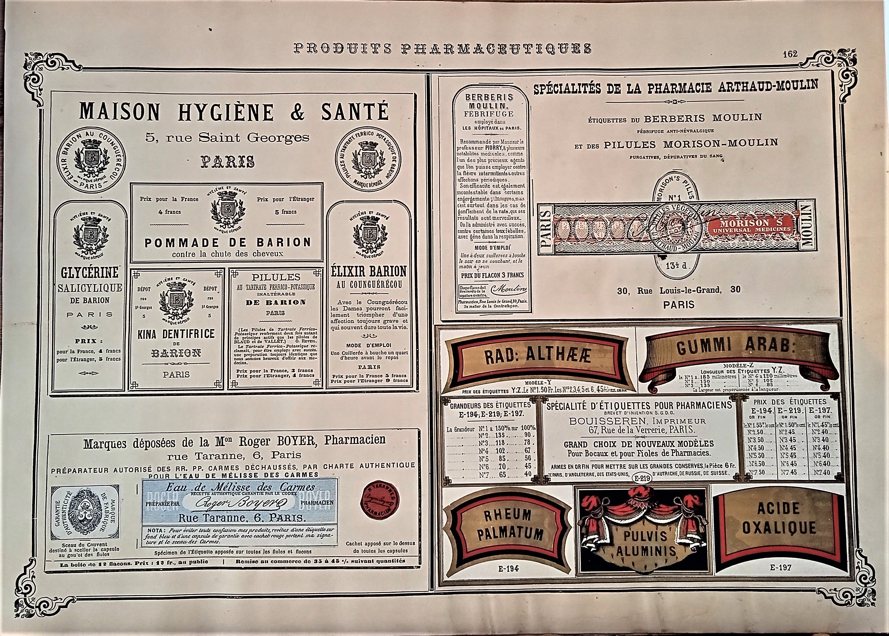 CHROMO-LITHOGRAPHIE étiquettes produits pharmaceutiques  N° 162    Authentique planche  Occasion