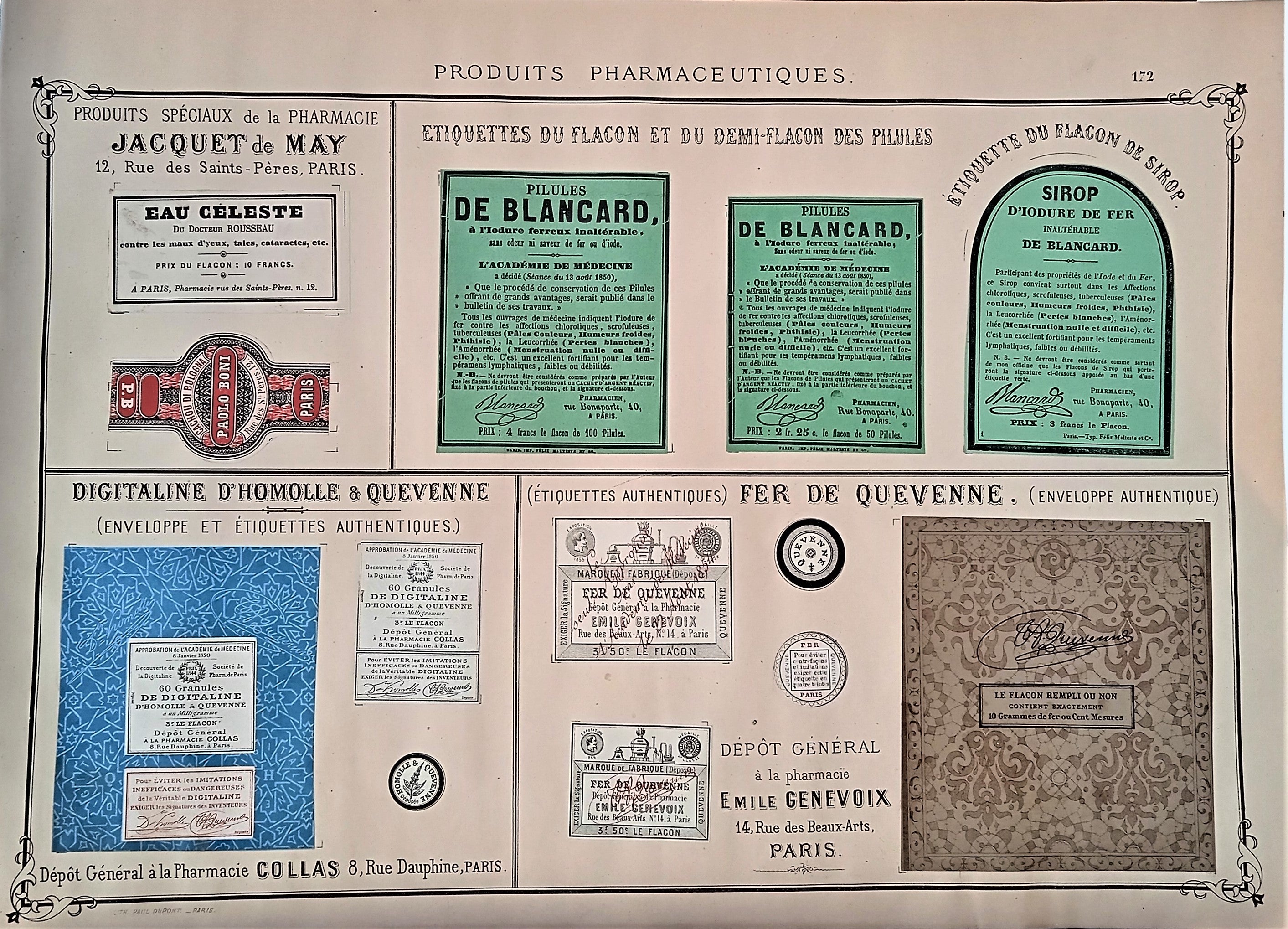 CHROMO-LITHOGRAPHIE étiquettes produits pharmaceutiques  N° 172   Authentique planche  Occasion