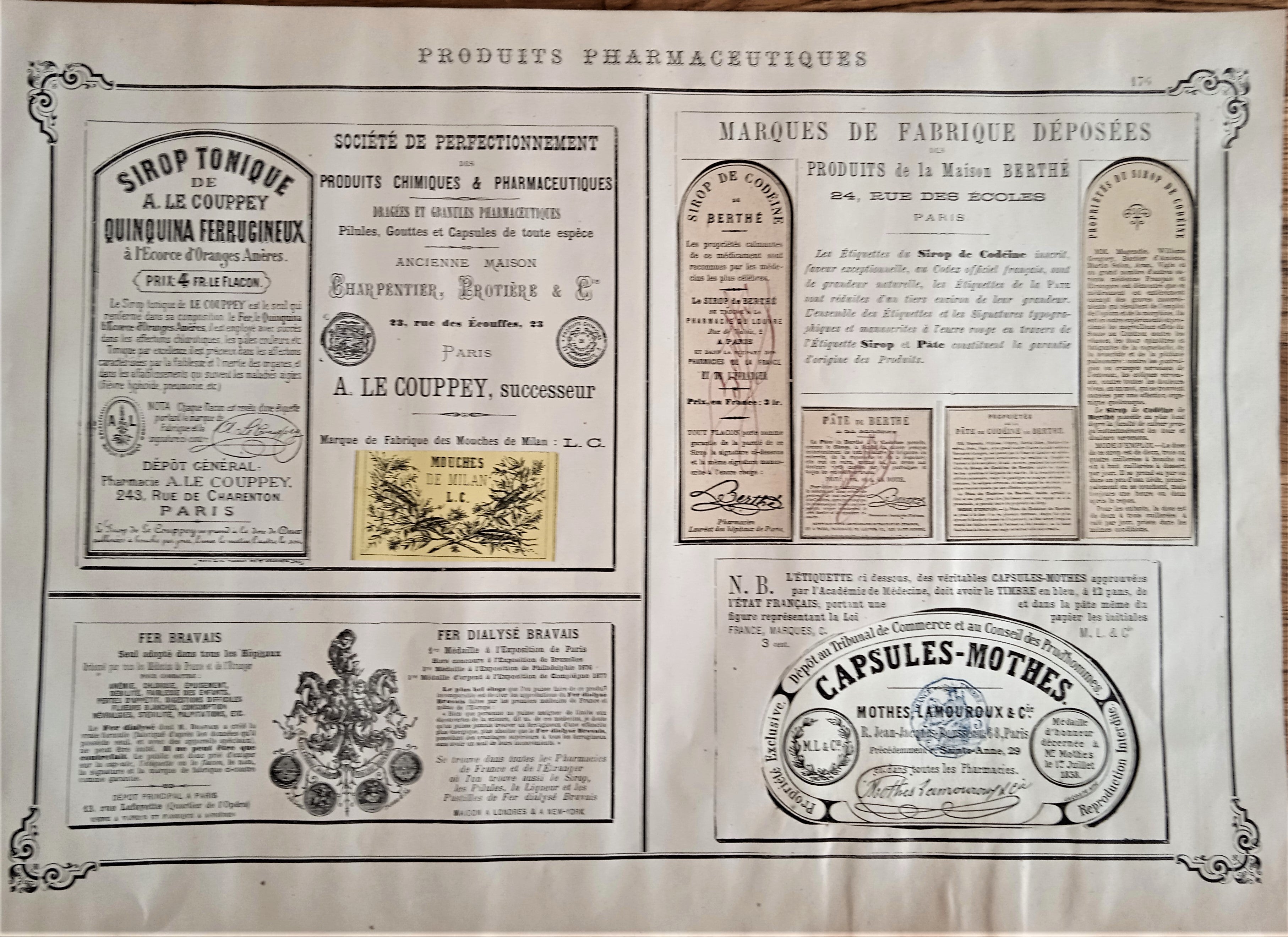 CHROMO-LITHOGRAPHIE étiquettes produits pharmaceutiques  N° 176   Authentique planche  Occasion