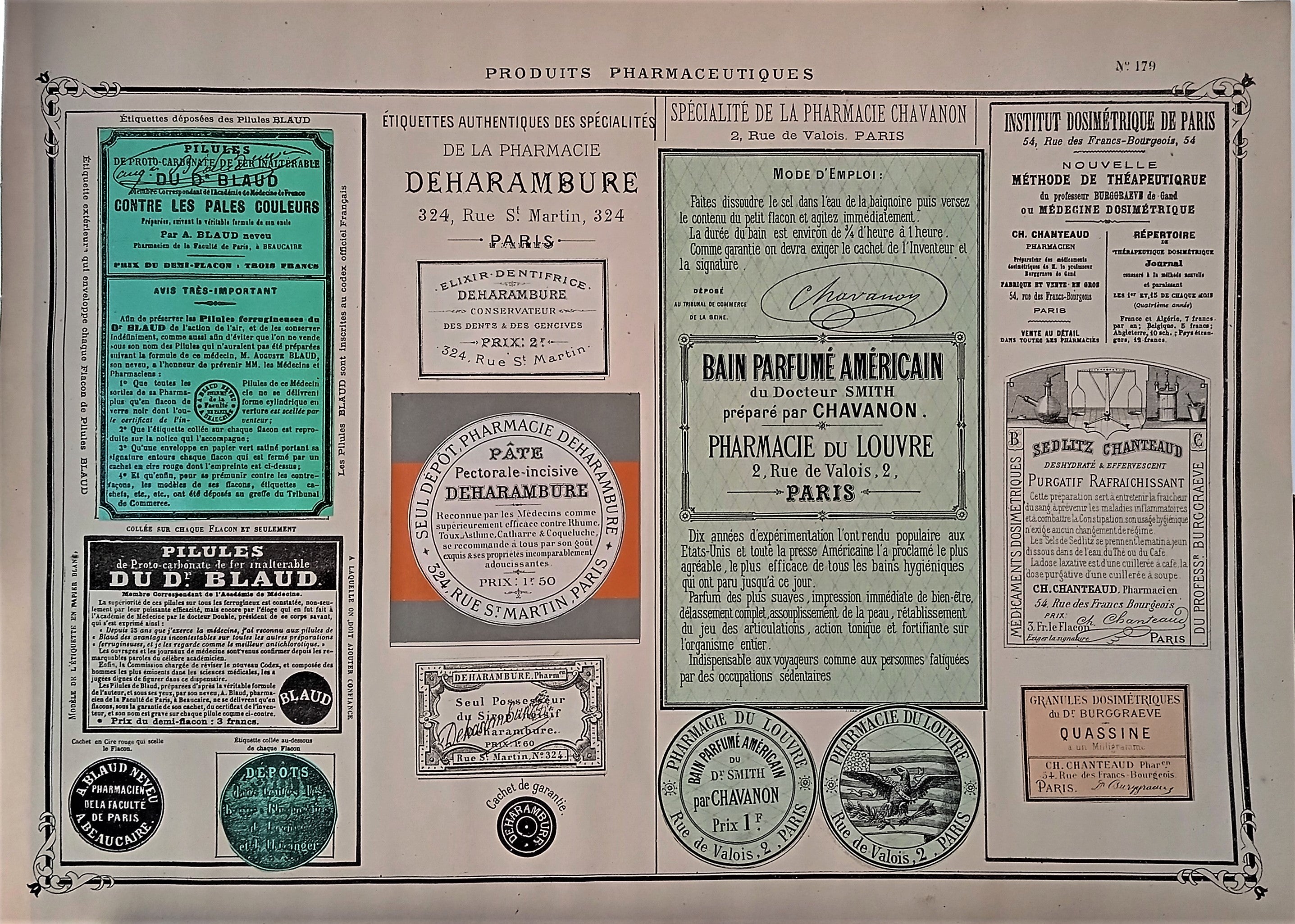 CHROMO-LITHOGRAPHIE étiquettes produits pharmaceutiques  N° 179   Authentique planche  Occasion