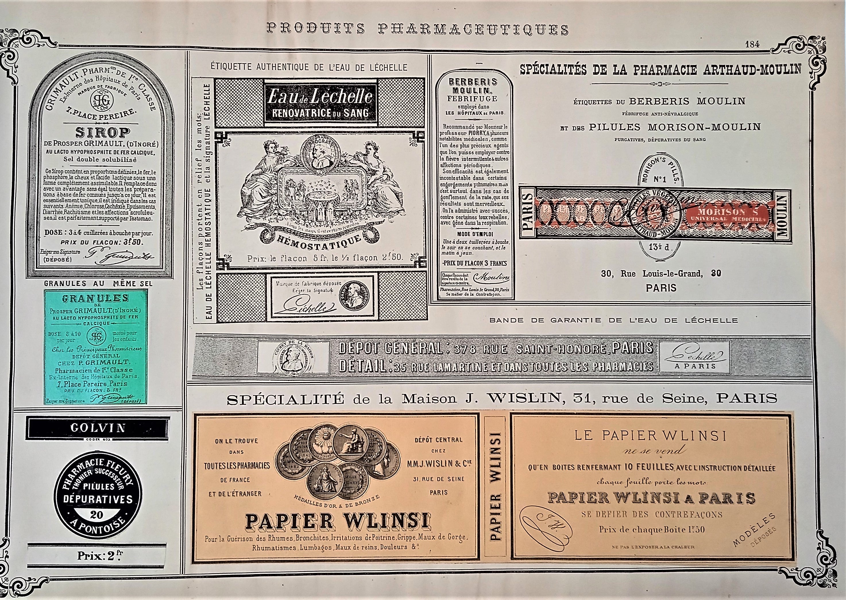 CHROMO-LITHOGRAPHIE étiquettes produits pharmaceutiques  N°  184  Authentique planche  Occasion