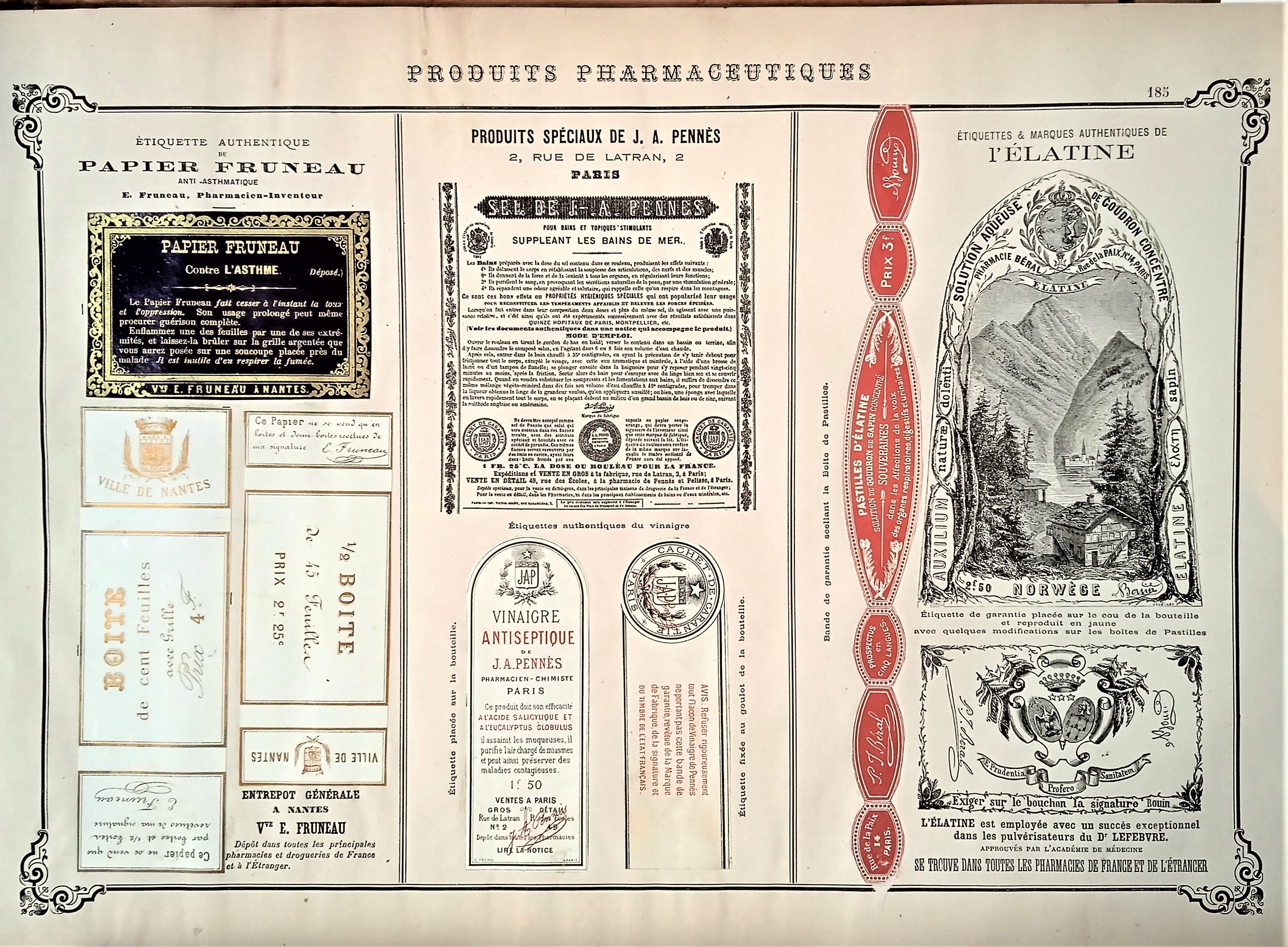 CHROMO-LITHOGRAPHIE étiquettes produits pharmaceutiques  N° 185   Authentique planche  Occasion