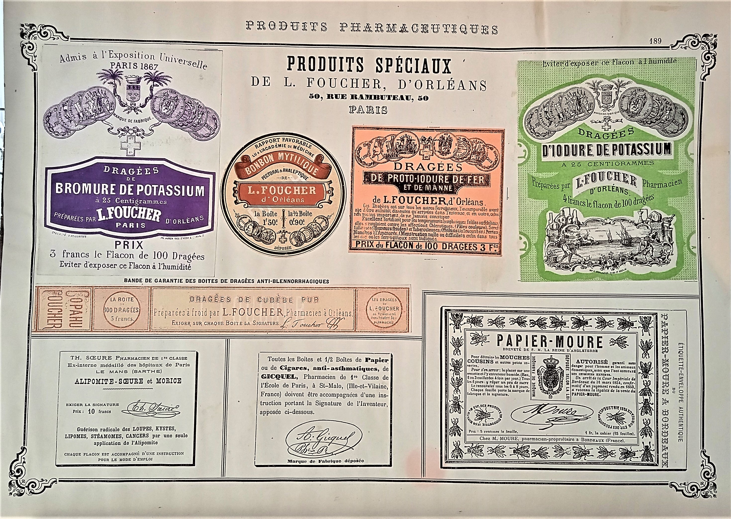 CHROMO-LITHOGRAPHIE étiquettes produits pharmaceutiques  N° 189   Authentique planche  Occasion