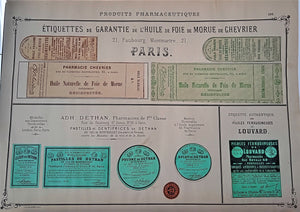 CHROMO-LITHOGRAPHIE étiquettes produits pharmaceutiques  N°  190  Authentique planche  Occasion