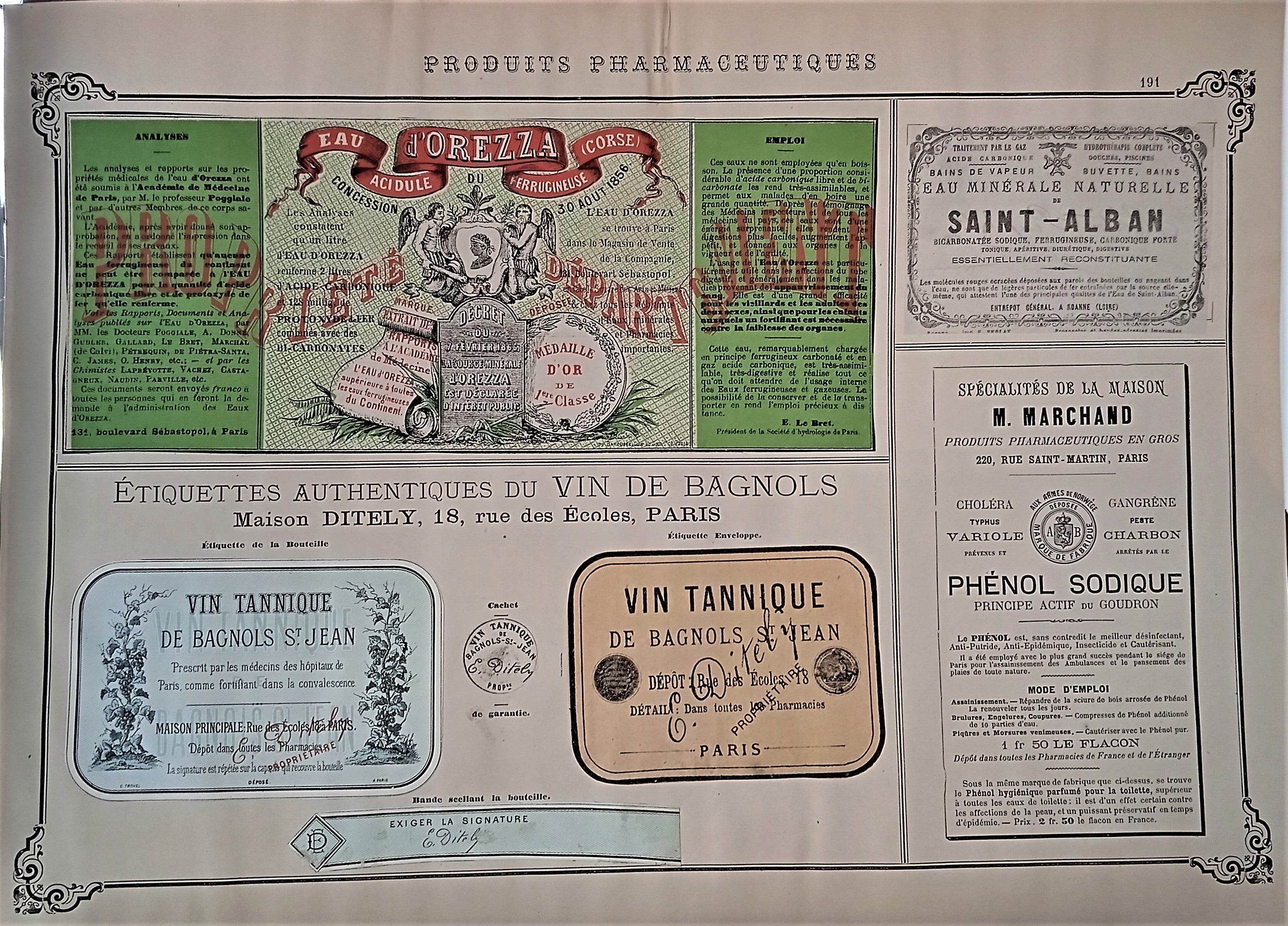 CHROMO-LITHOGRAPHIE étiquettes produits pharmaceutiques  N° 191   Authentique planche  Occasion