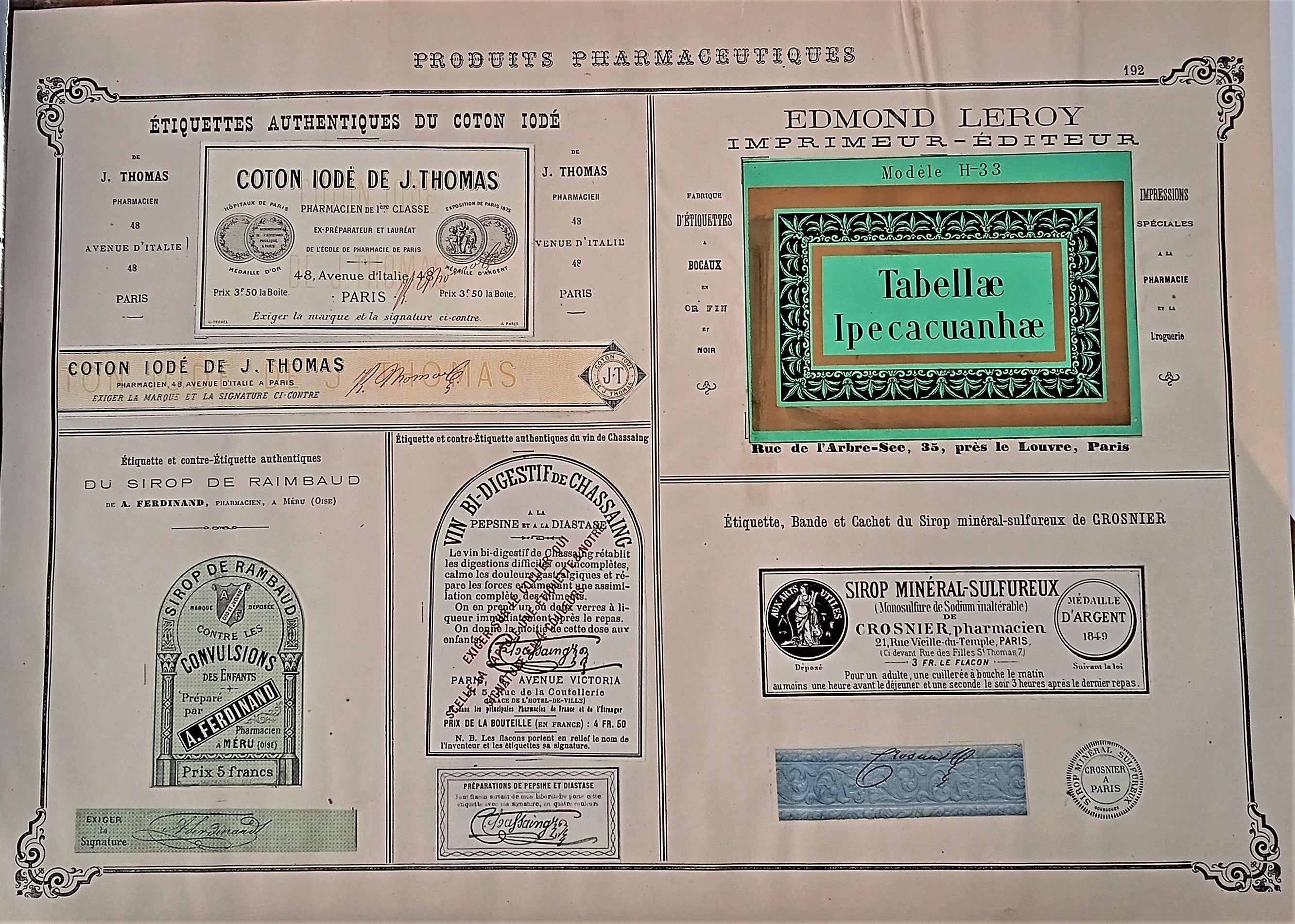 CHROMO-LITHOGRAPHIE étiquettes produits pharmaceutiques  N°  192  Authentique planche  Occasion