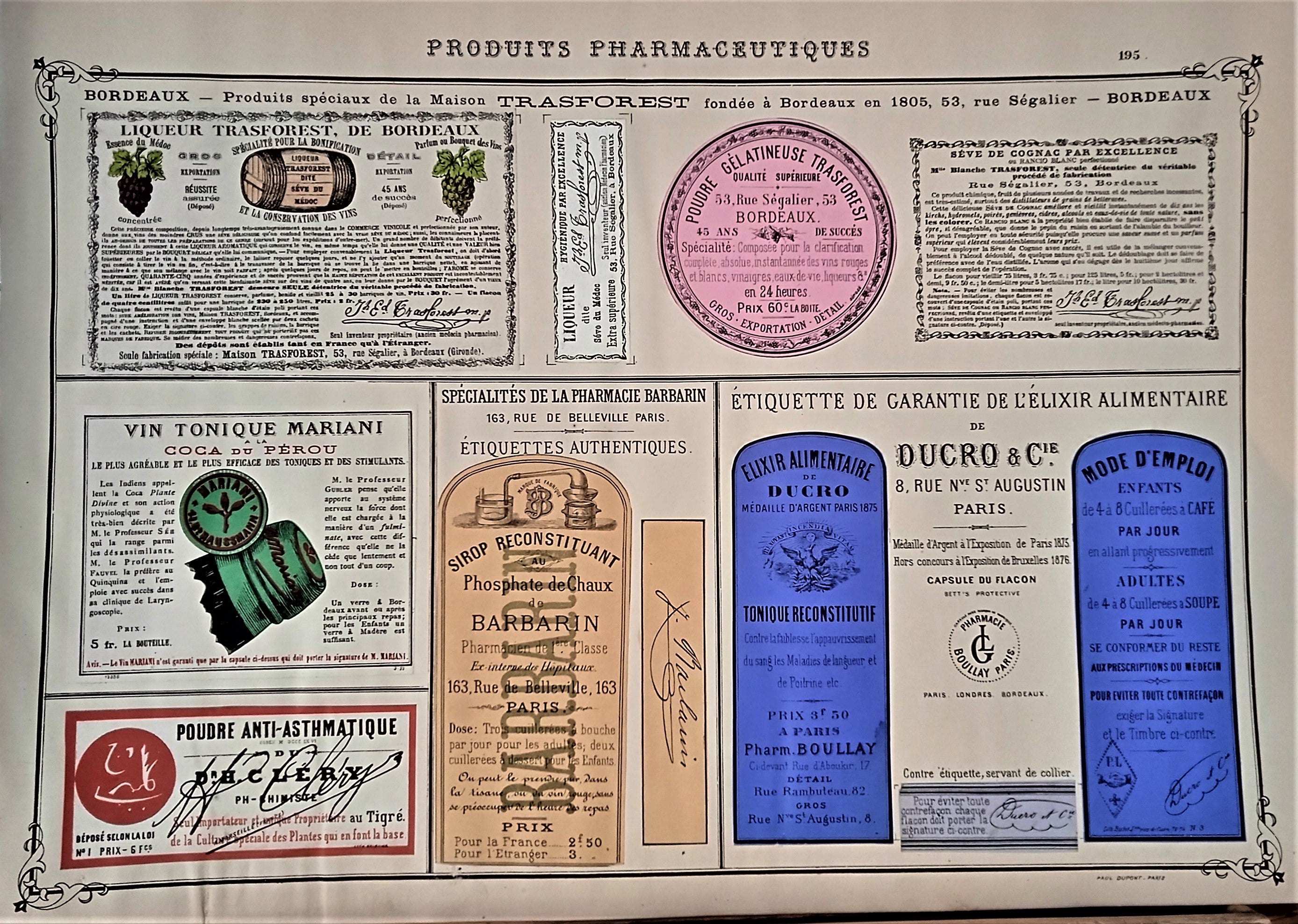 CHROMO-LITHOGRAPHIE étiquettes produits pharmaceutiques  N° 195   Authentique planche  Occasion