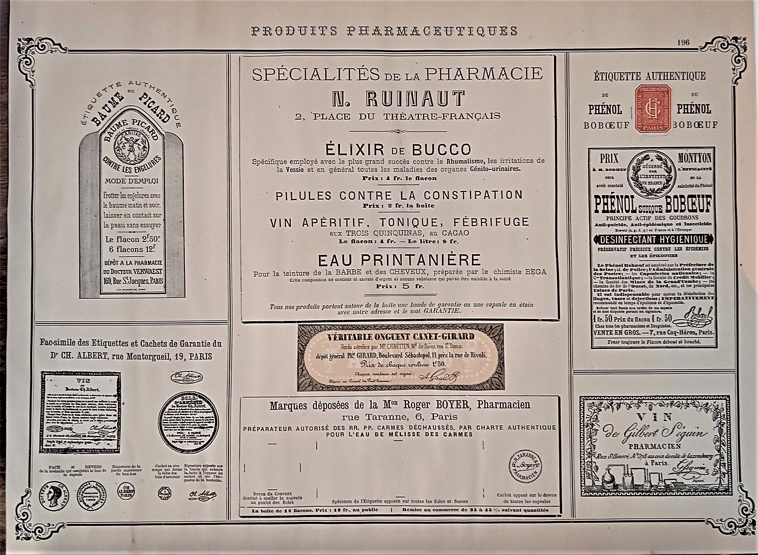 CHROMO-LITHOGRAPHIE étiquettes produits pharmaceutiques  N° 196   Authentique planche  Occasion