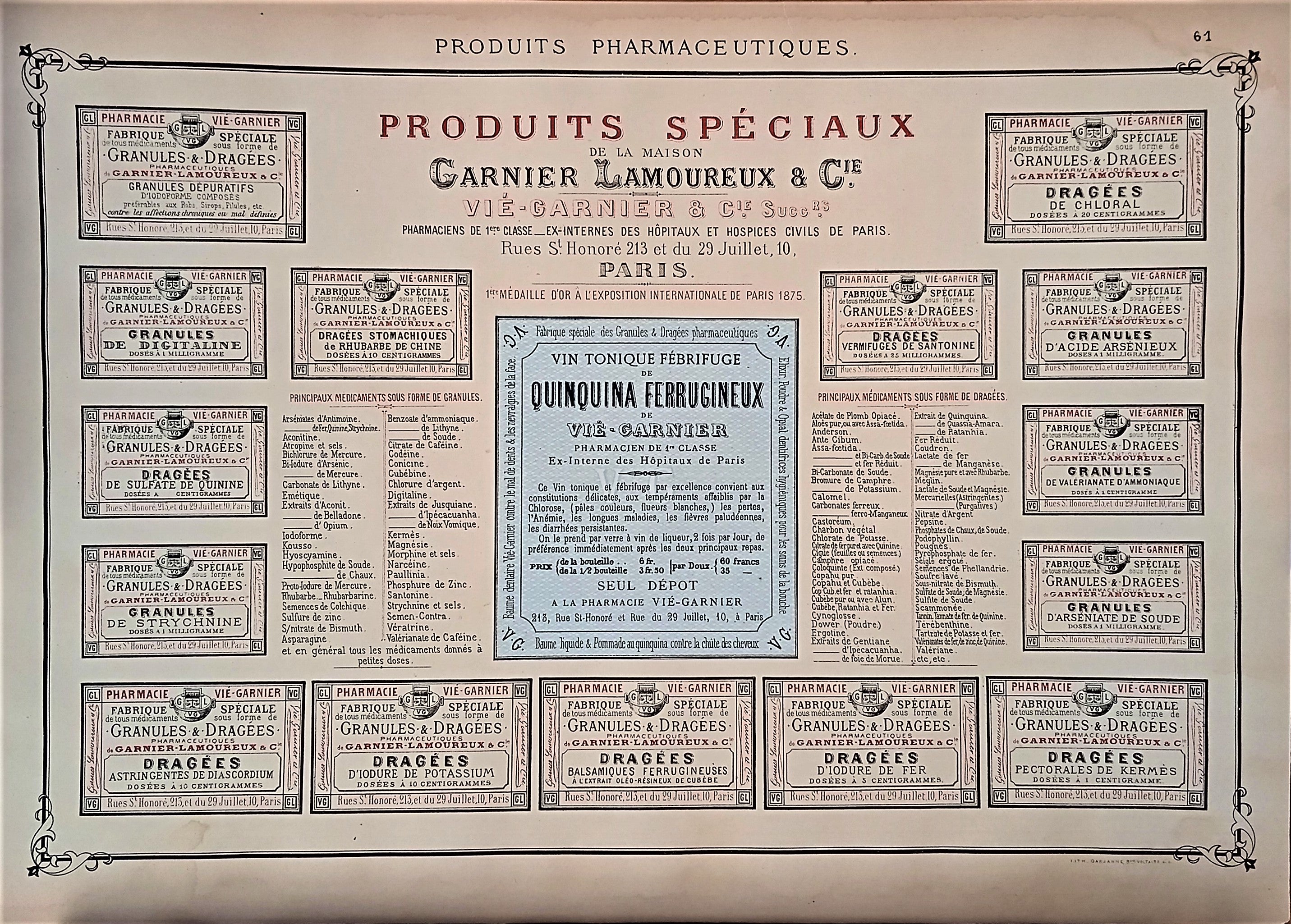 CHROMO-LITHOGRAPHIE étiquettes produits pharmaceutiques  N° 61  Authentique planche  Occasion