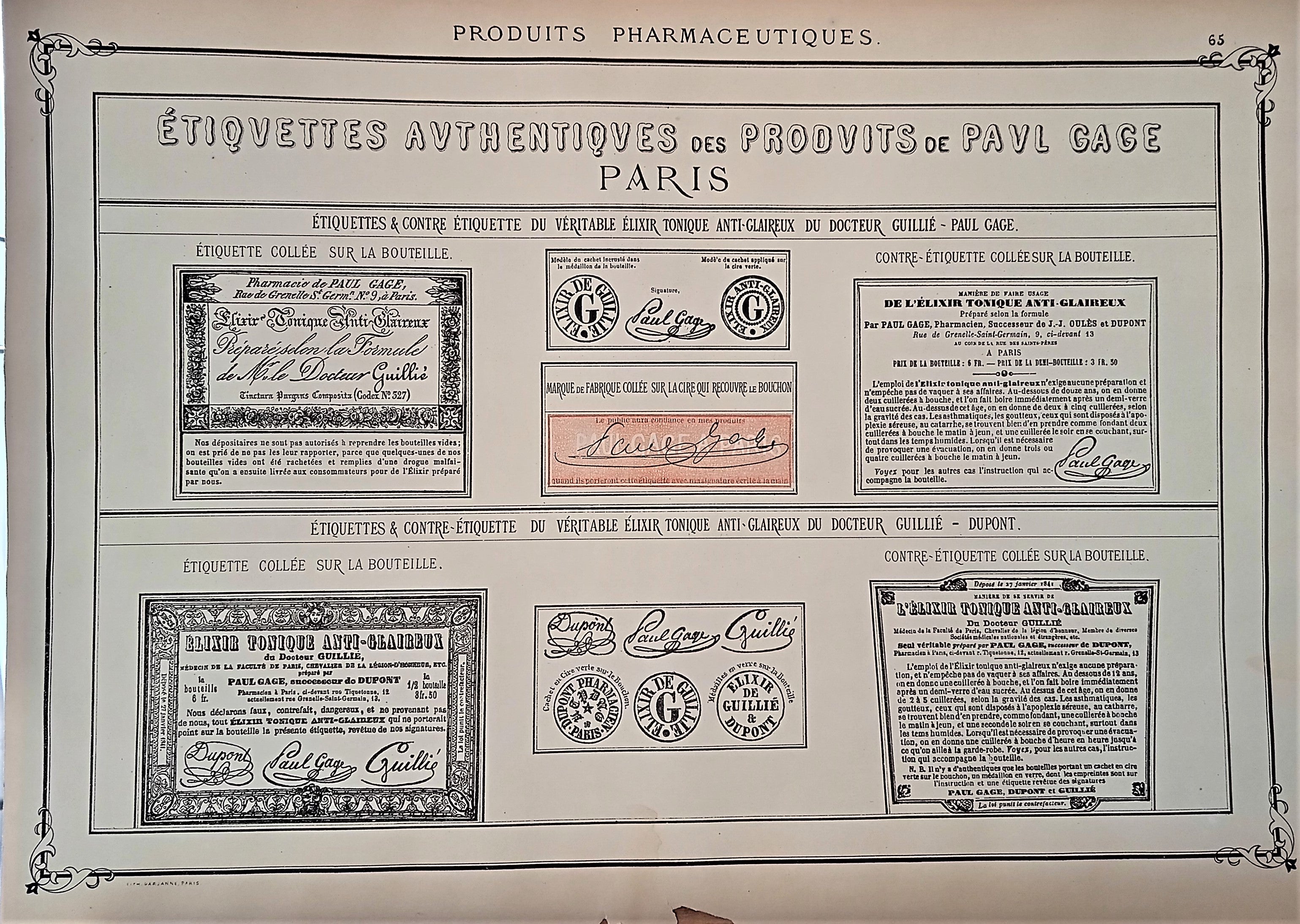 CHROMO-LITHOGRAPHIE étiquettes produits pharmaceutiques  N° 65   Authentique planche  Occasion