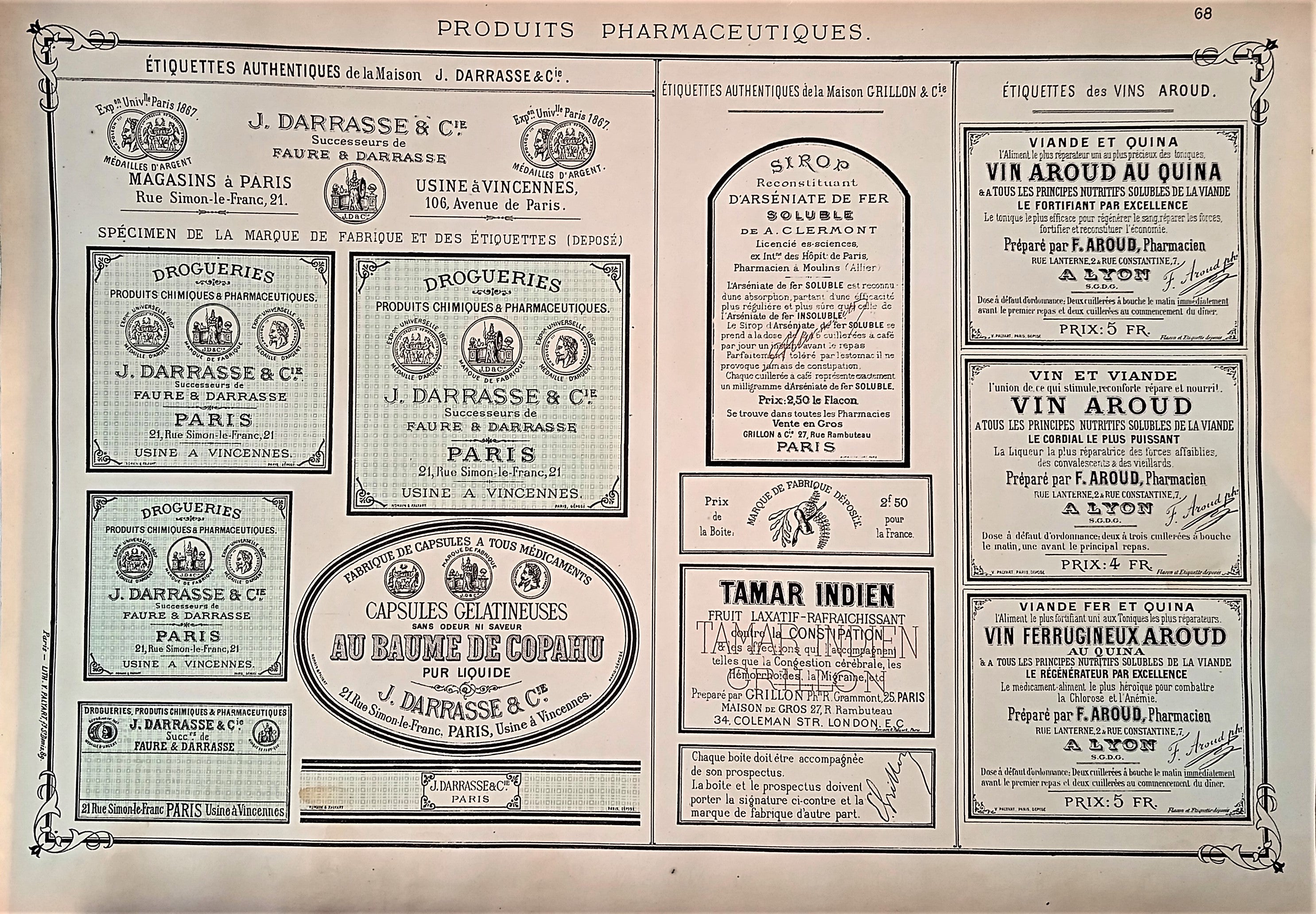 CHROMO-LITHOGRAPHIE étiquettes produits pharmaceutiques  N° 68    Authentique planche  Occasion