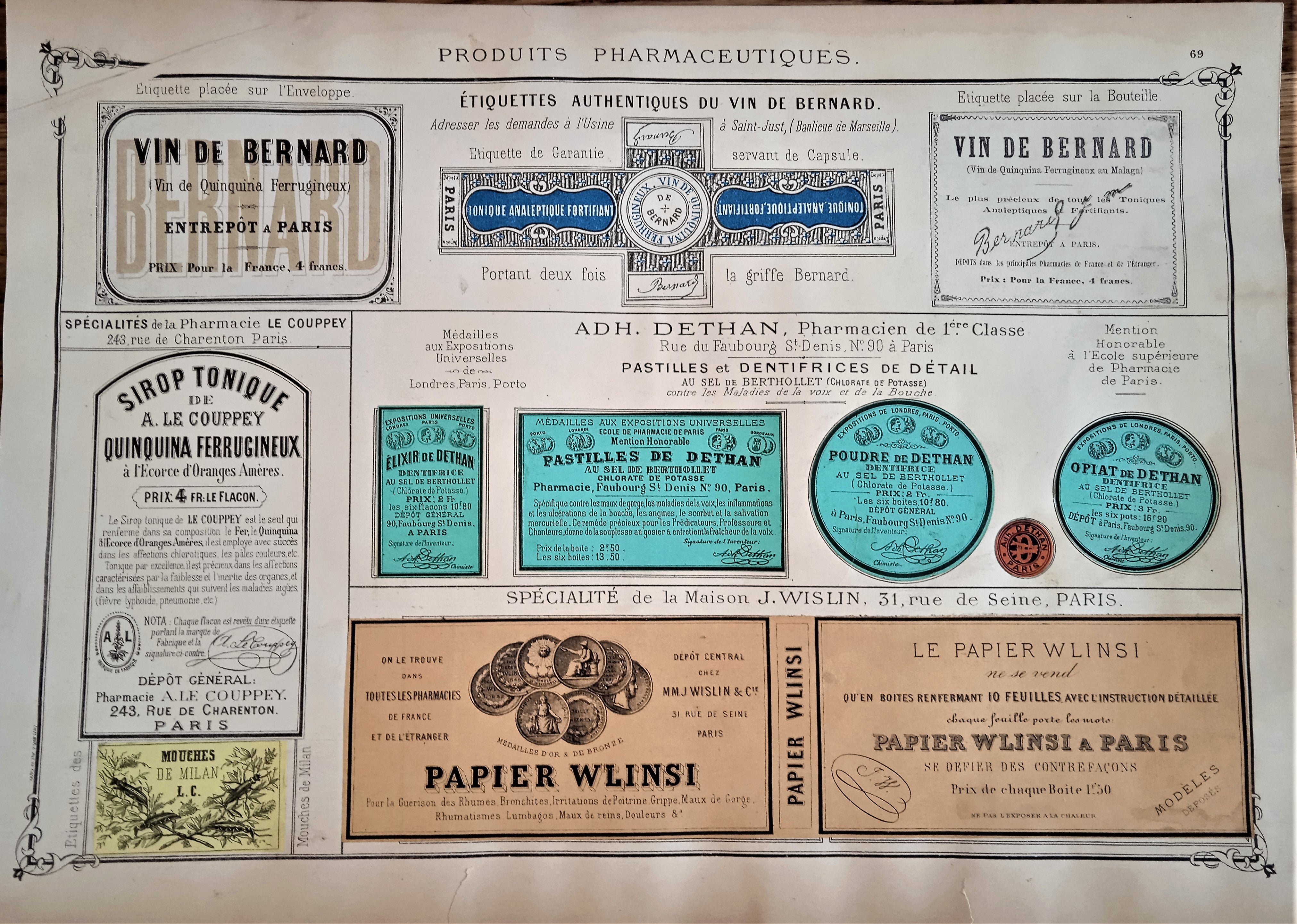 CHROMO-LITHOGRAPHIE étiquettes produits pharmaceutiques  N° 69     Authentique planche occasion              lanche  Occasion