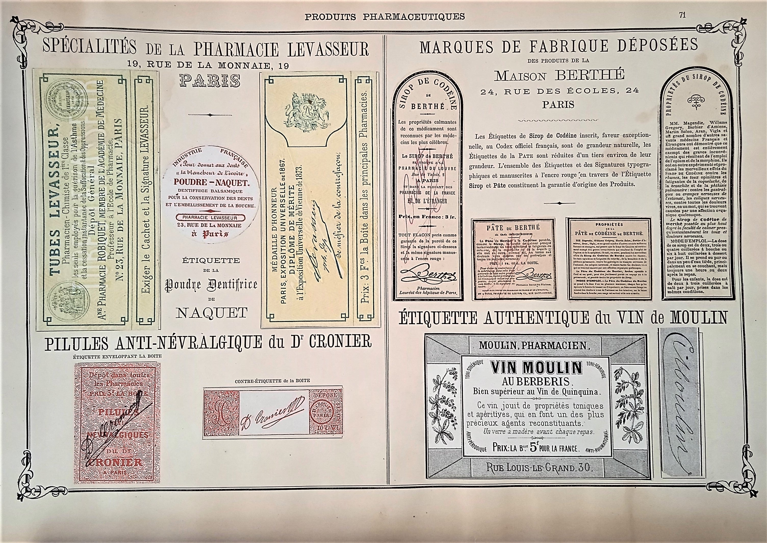 CHROMO-LITHOGRAPHIE étiquettes produits pharmaceutiques  N° 71   Authentique planche  Occasion