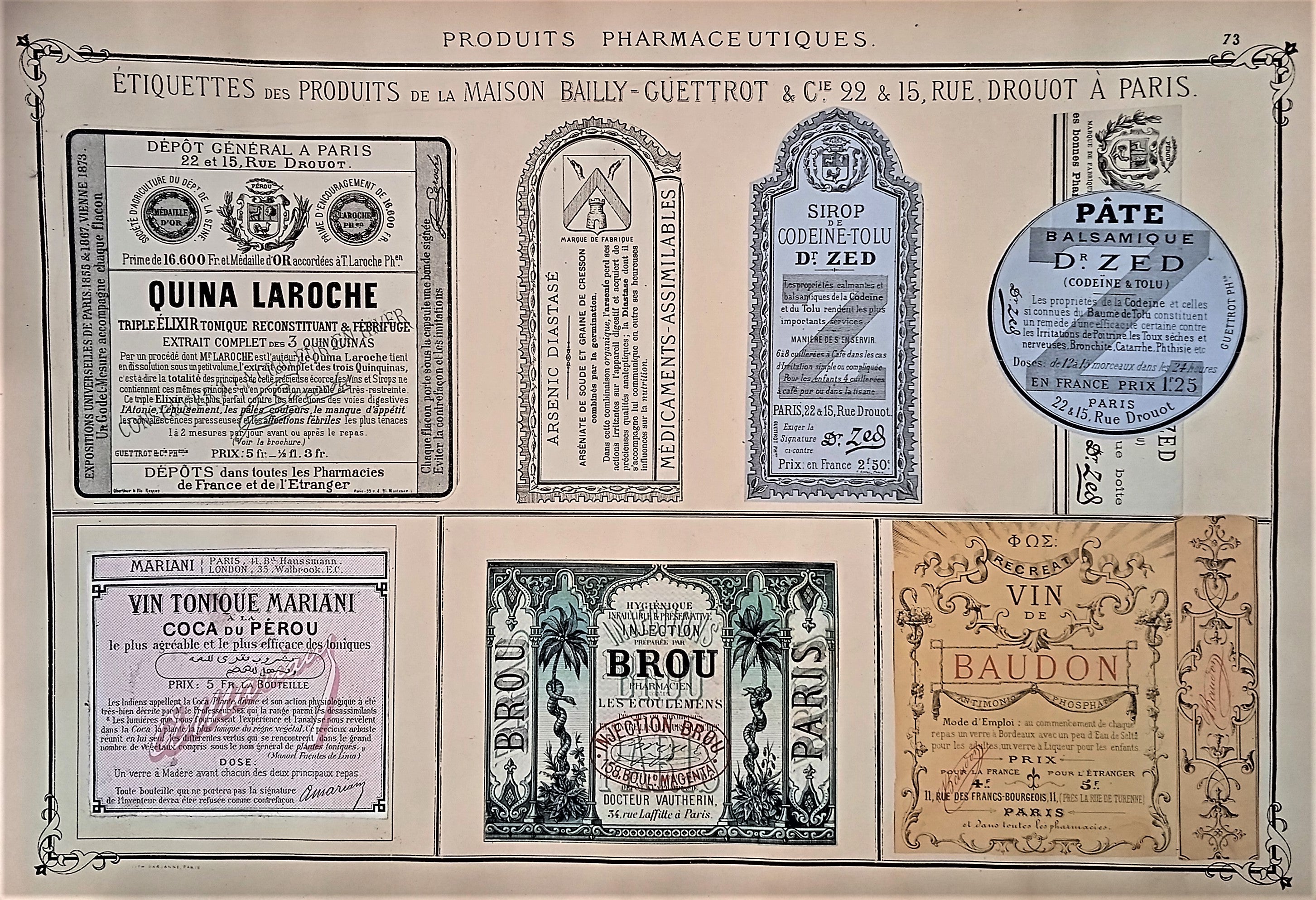 CHROMO-LITHOGRAPHIE étiquettes produits pharmaceutiques  N°  73  Authentique planche  Occasion