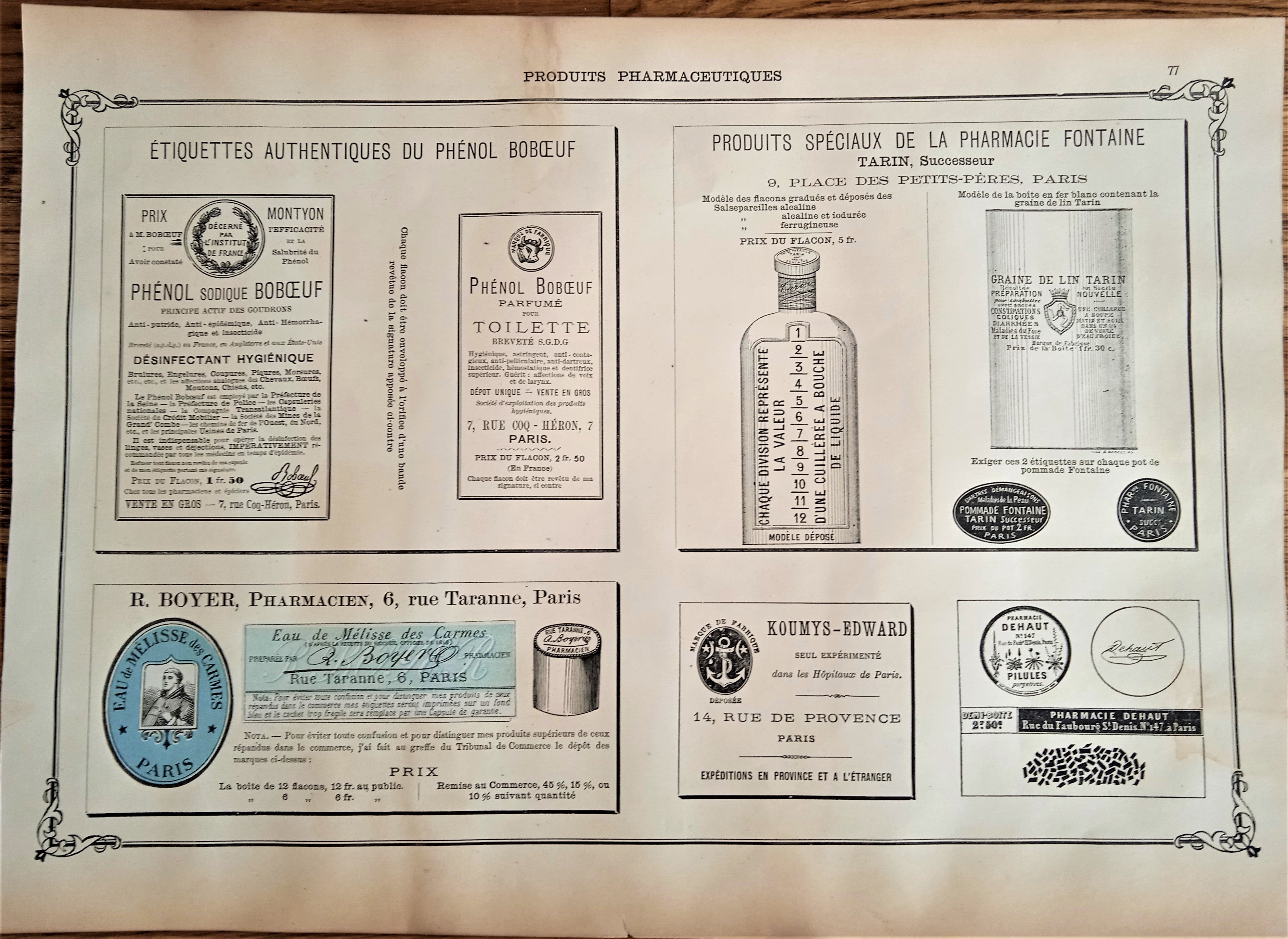 CHROMO-LITHOGRAPHIE étiquettes produits pharmaceutiques  N°  77  Authentique planche  Occasion