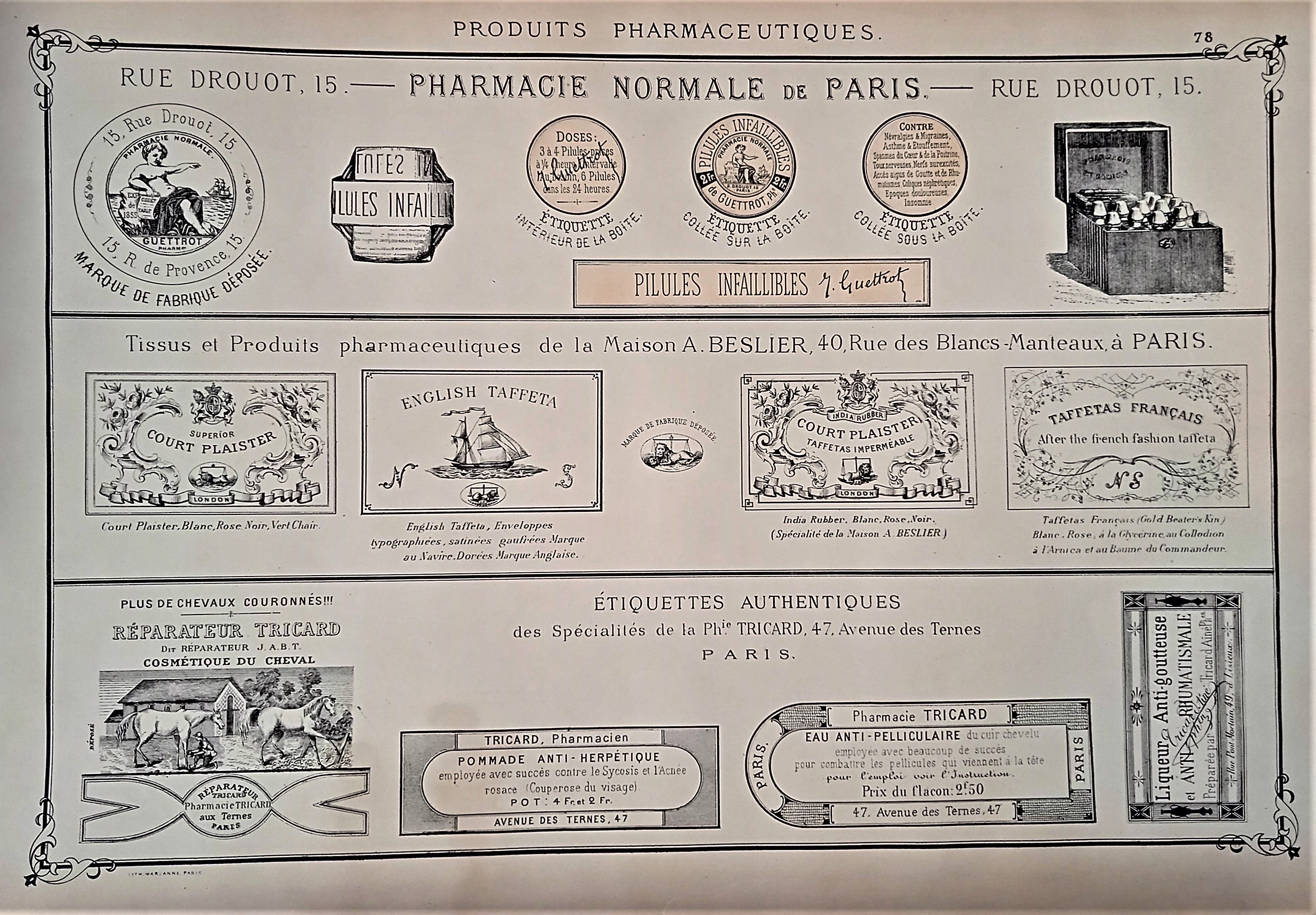 CHROMO-LITHOGRAPHIE étiquettes produits pharmaceutiques  N° 78   Authentique planche  Occasion