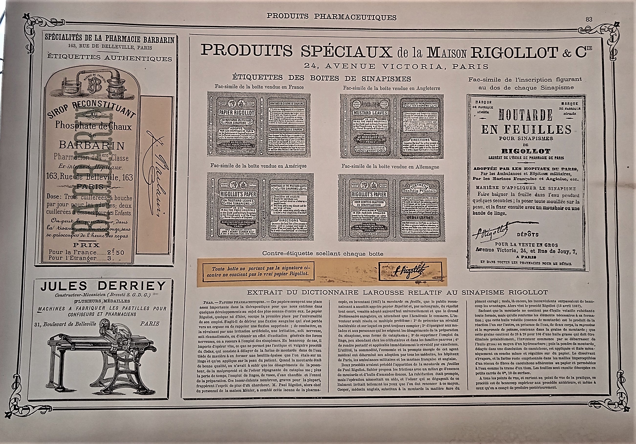 CHROMO-LITHOGRAPHIE étiquettes produits pharmaceutiques  N° 83   Authentique planche  Occasion