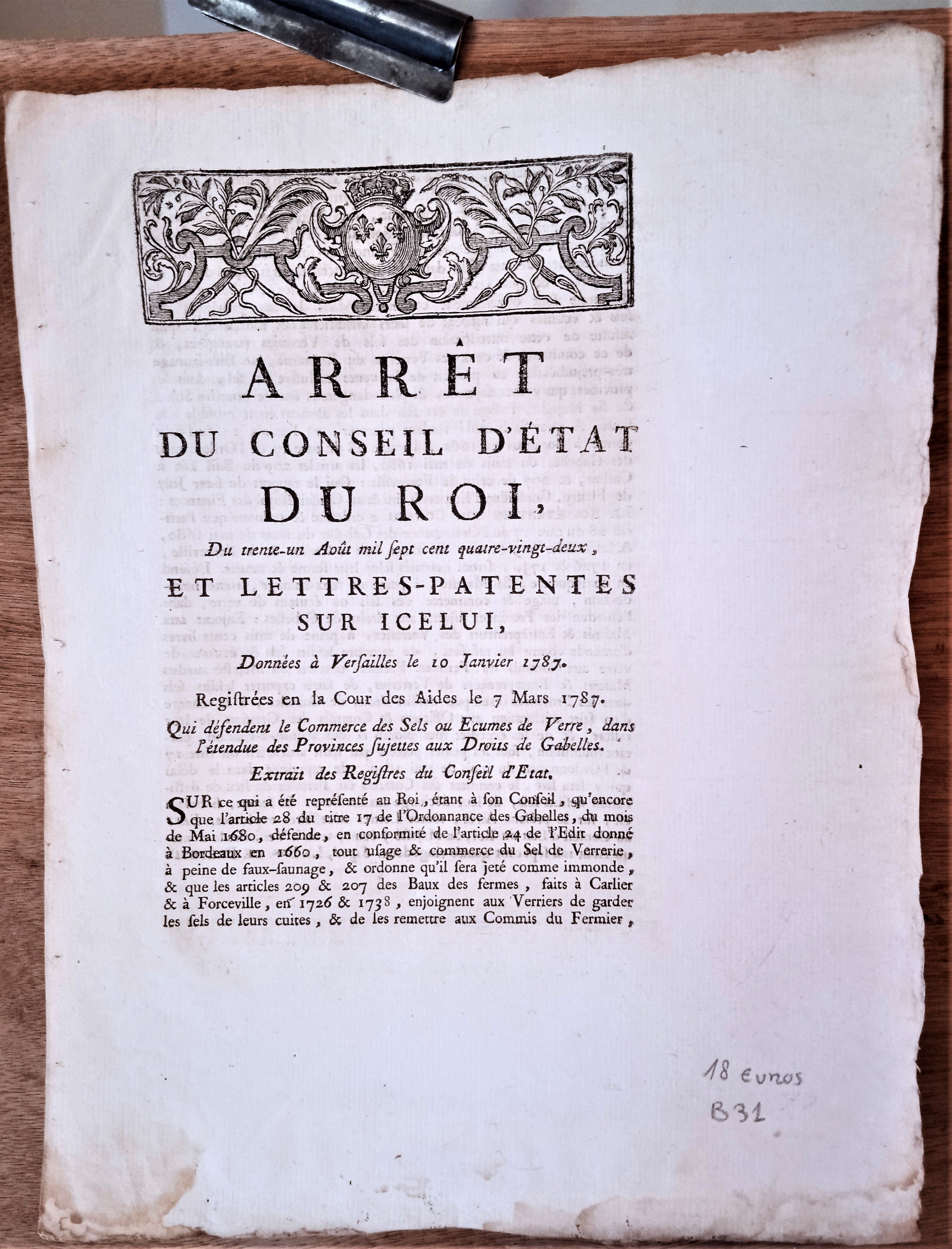 N° B31  Arrêt du Conseil d' Etat du Roi Du 10 Janvier 1787  sur les lettres & patentes           2  Pages   occasion rousseurs