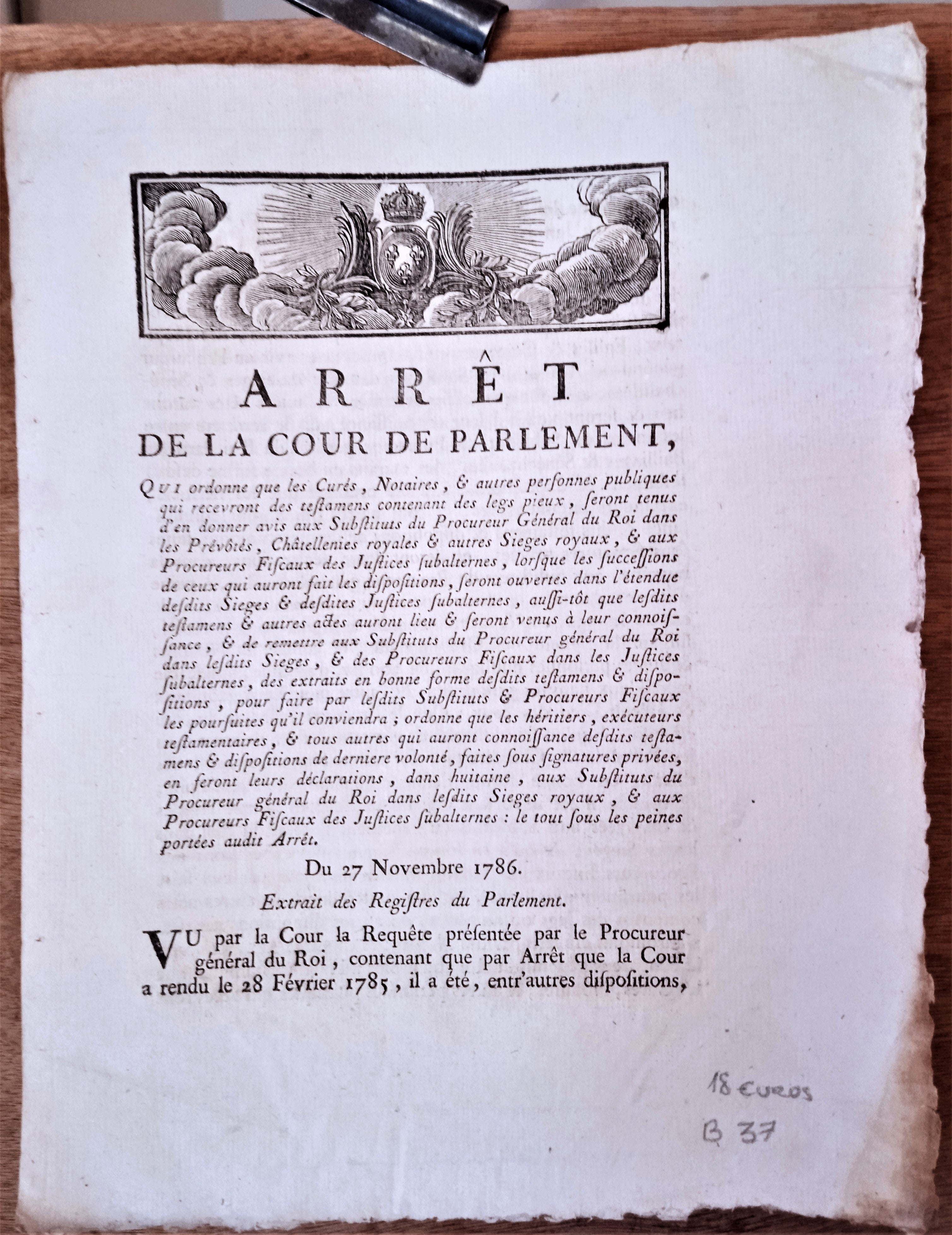 N° B37     Arrêt du Conseil d' Etat du Roi Du 27 Novembre 1786 Extraits du régistre du parlement 2  Pages   occasion