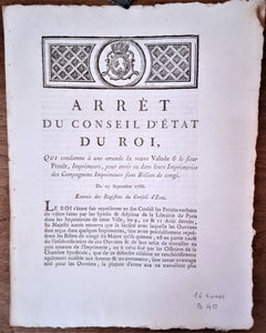 N° B 40   Arrêt du Conseil d' Etat du Roi Du 15 Septembre 1786  qui condamne à une amende les imprimeries de Paris 2 Pages   occasion