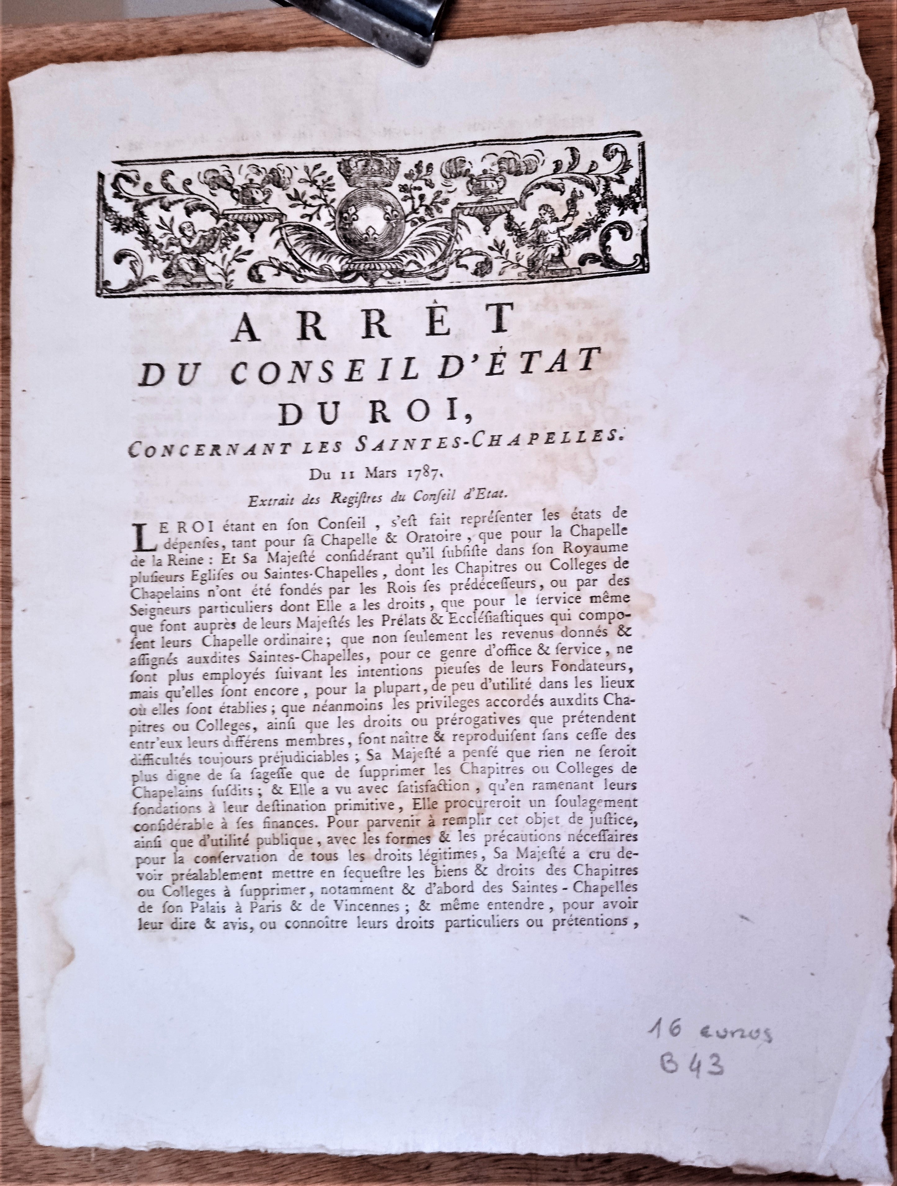 N° B 43     Arrêt du Conseil d' Etat du Roi Du 11 Mars 1787  concernant les Saintes Chapelles 2   Pages   occasion