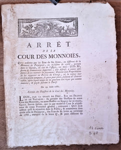 N° B 47  Arrêt de la Cour Des Monnoies Portant sur les écus six Livres Du 19 Août 1786 2 Pages rousseurs