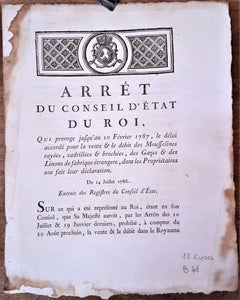 N° B48  Arrêt du Conseil d' Etat du Roi   Du 14 Juillet 1786  qui porte sur la vente et débit des Mousselines  2 Pages   occasion