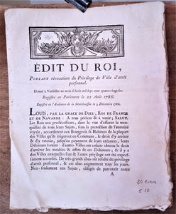 N° E10  Edit du roi Portant révocation du privilège de ville d' arrêt personnel du 22 Août 1786 occasion 4 pages.