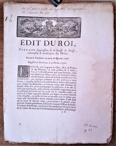 N° E11  Edit du roi portant suppression de la caisse de Poissy, conversion et modération des droits de Février 1776 4 pages occasion.