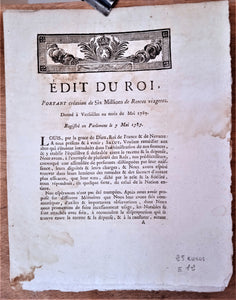 N° E 12  Edit du roi Portant création de six millions de rentes viagères de Mai 1787 4 pages occasion auréole n' altérant pas le texte voir photo.