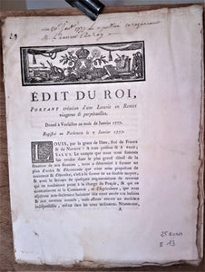 N° E13  Edit du roi portant création d' une Loterie en Rente Viagère et perpétuelle de Janvier 1777 4 pages occasion.rousseur.AC