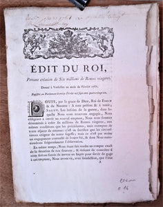 N° E 16  Edit du roi Portant création de six millions de rentes viagères de Février 1781 4 pages occasion.