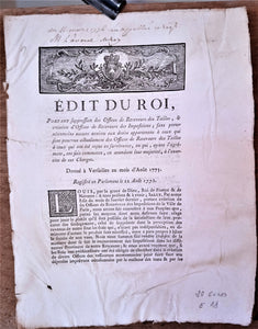 N° E18  Edit du roi Portant suppression des offices De Receveurs de Tailles de Août 1775 occasion 2 Pages.