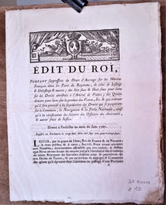 N° E 19  Edit du roi Portant suppression du droit d' ancrage des navire français dans les ports du royaumes de Juin 1787 6 pages occasion rousseurs