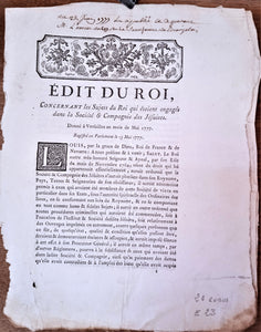 N° E 23 Edit du roi portant sur la société & Compagnons des Jésuites De Mai 1777  2 pages occasion .