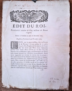 N° E 24  Edit du roi Portant sur la Création de 4 millions de Rentes Viagères du 30 Novembre 1779   4 pages occasion.