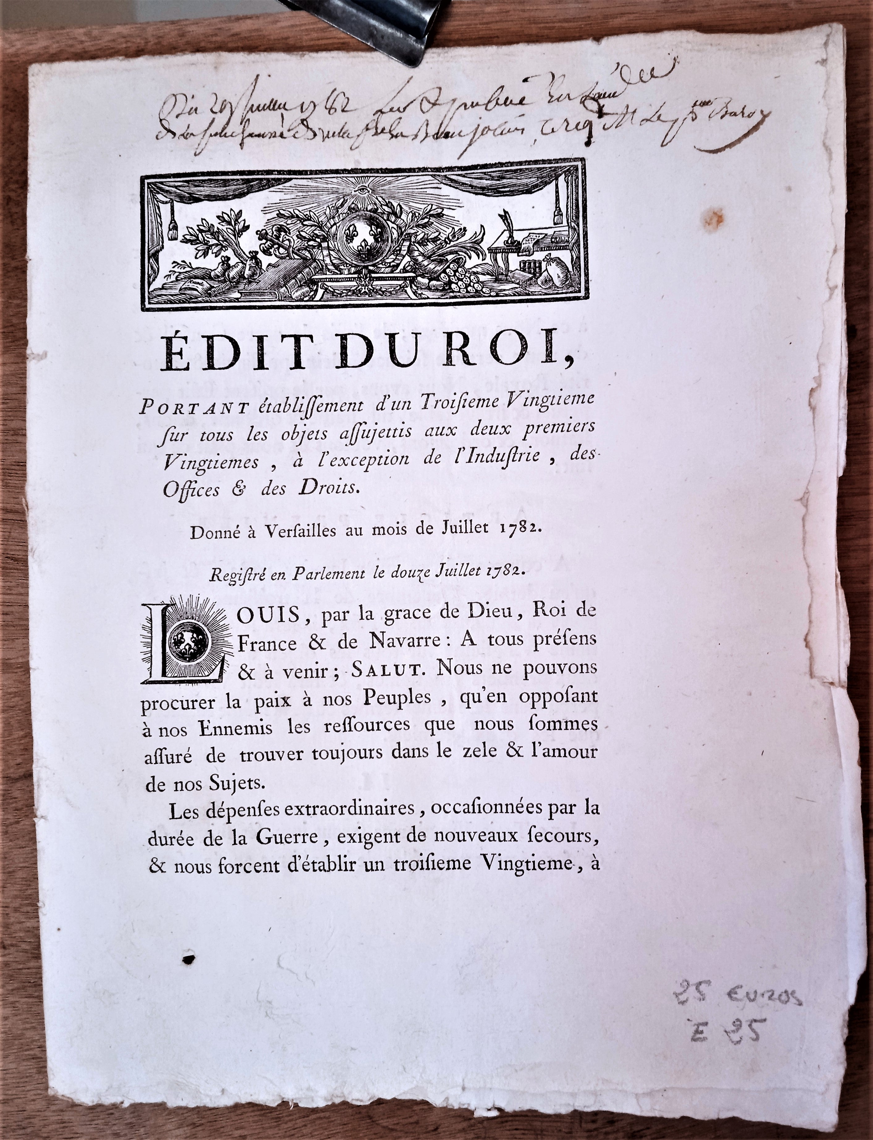 N° E2   Edit du roi portant création de 10 million de rente perpétuelle. de Janvier 1784 occasion 6 Pages.