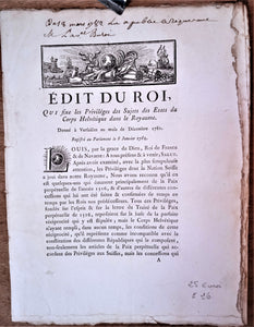 N° E 26 Edit du roi  Qui fixe les privilèges des sujets des états du corps Helvétique  de Décembre 1781  4 pages  occasion.