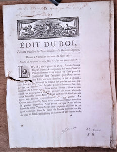 N° E 6  Edit du roi Portant création de trois millions de rentes viagères de Mars 1781 4 pages occasion, déchirure, voir photo.