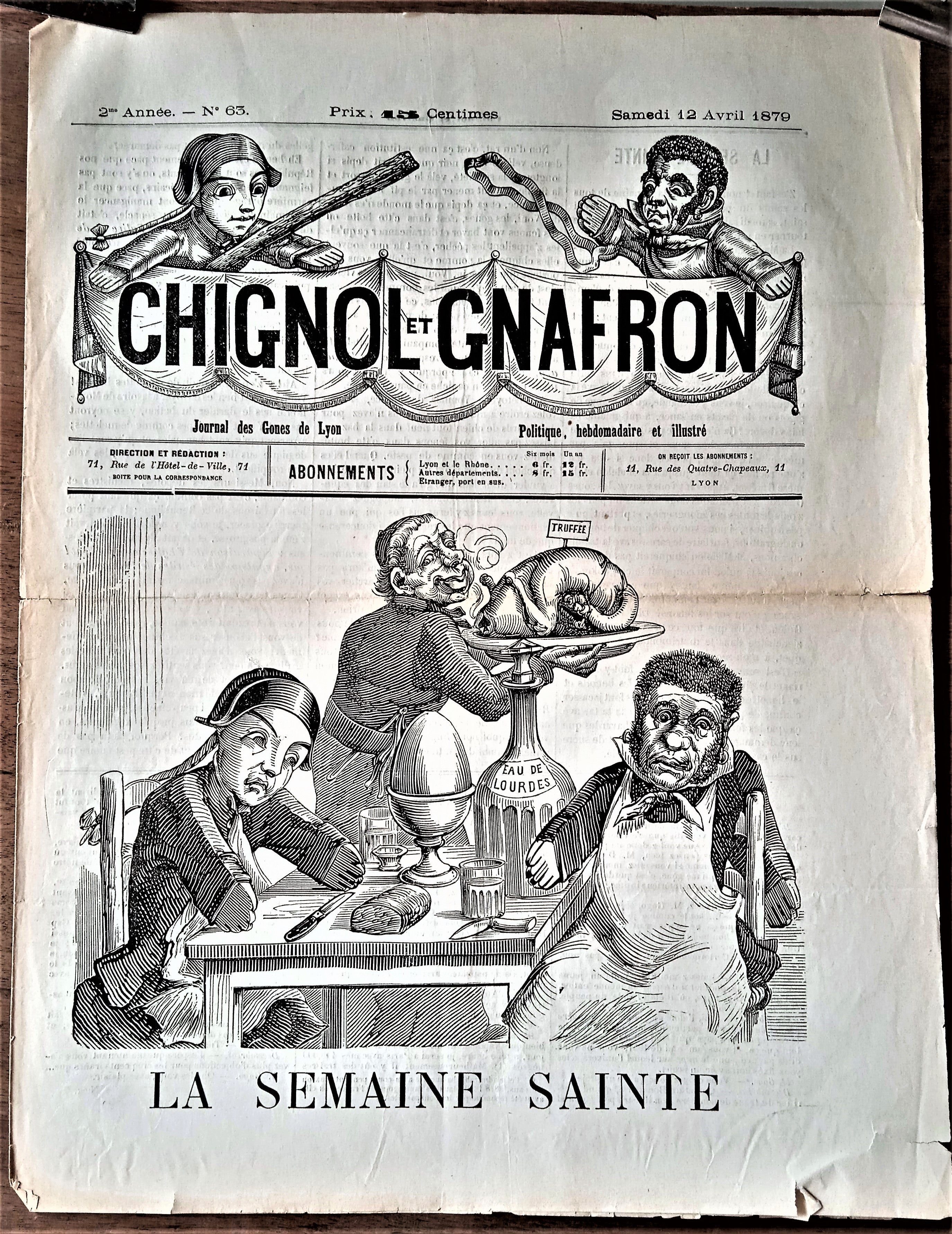 N°Jn 63  Authentique journal Chignol et Gnafron N° 63 2è année DU 12 Avril 1879      occasion